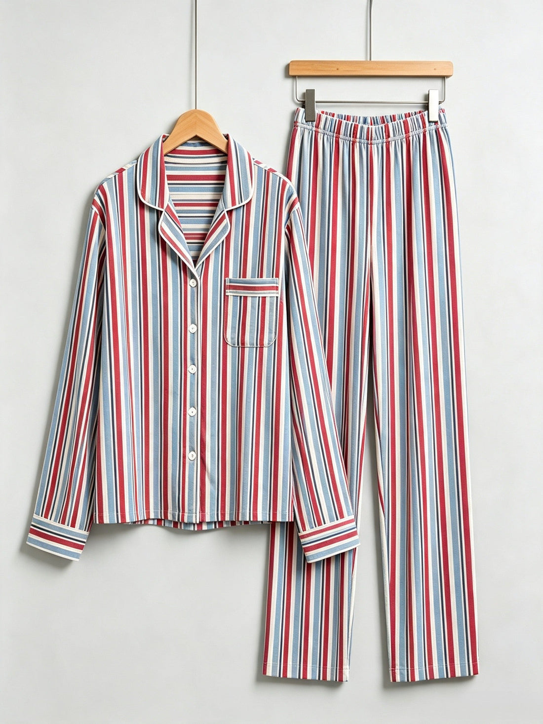 Matching Family Christmas Two-Piece Button-Down Long Sleeve PJS Set with Pockets Classic Red and Light Blue Striped Festive Holiday Matching Pajamas