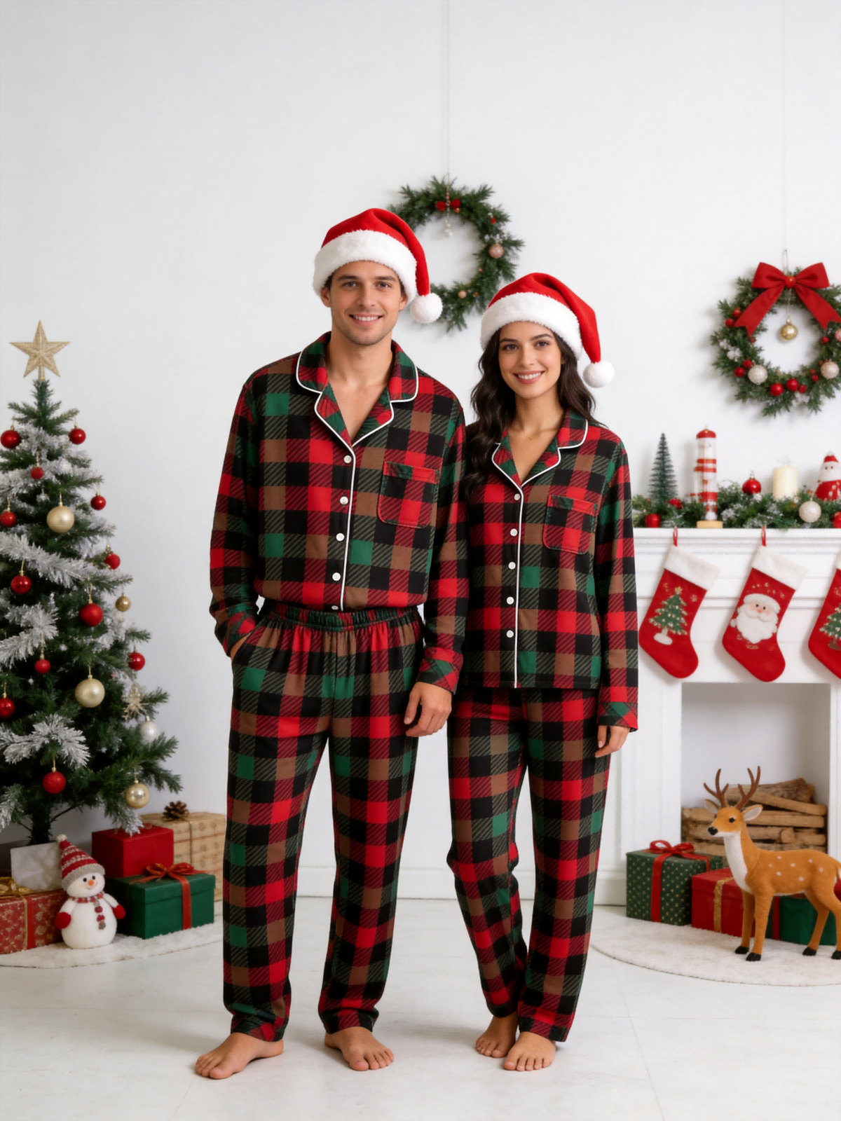 Family Christmas Two-Piece Button Front Long Sleeve Pants with Pockets Traditional Red and Forest Green and Blue Plaid Festive Holiday PJS Set Cozy Soft Winter Wear for Mom Dad Kids