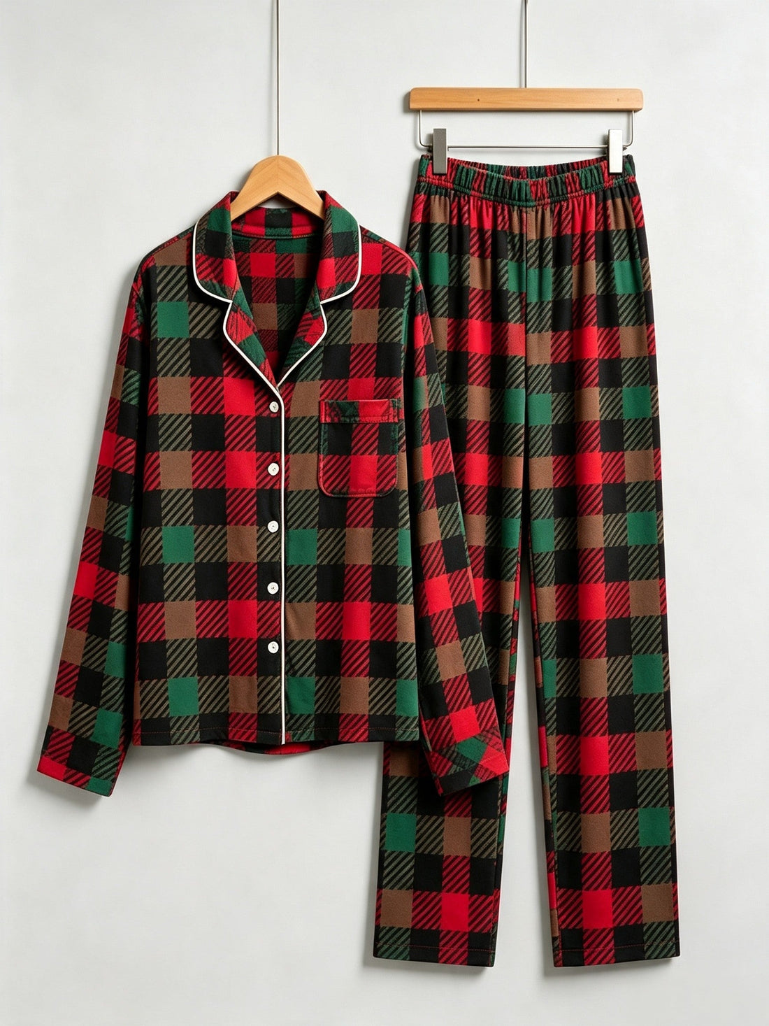 Couple Christmas Two-Piece Button Front Red and Forest Green and Blue Plaid Festive Holiday PJS Set
