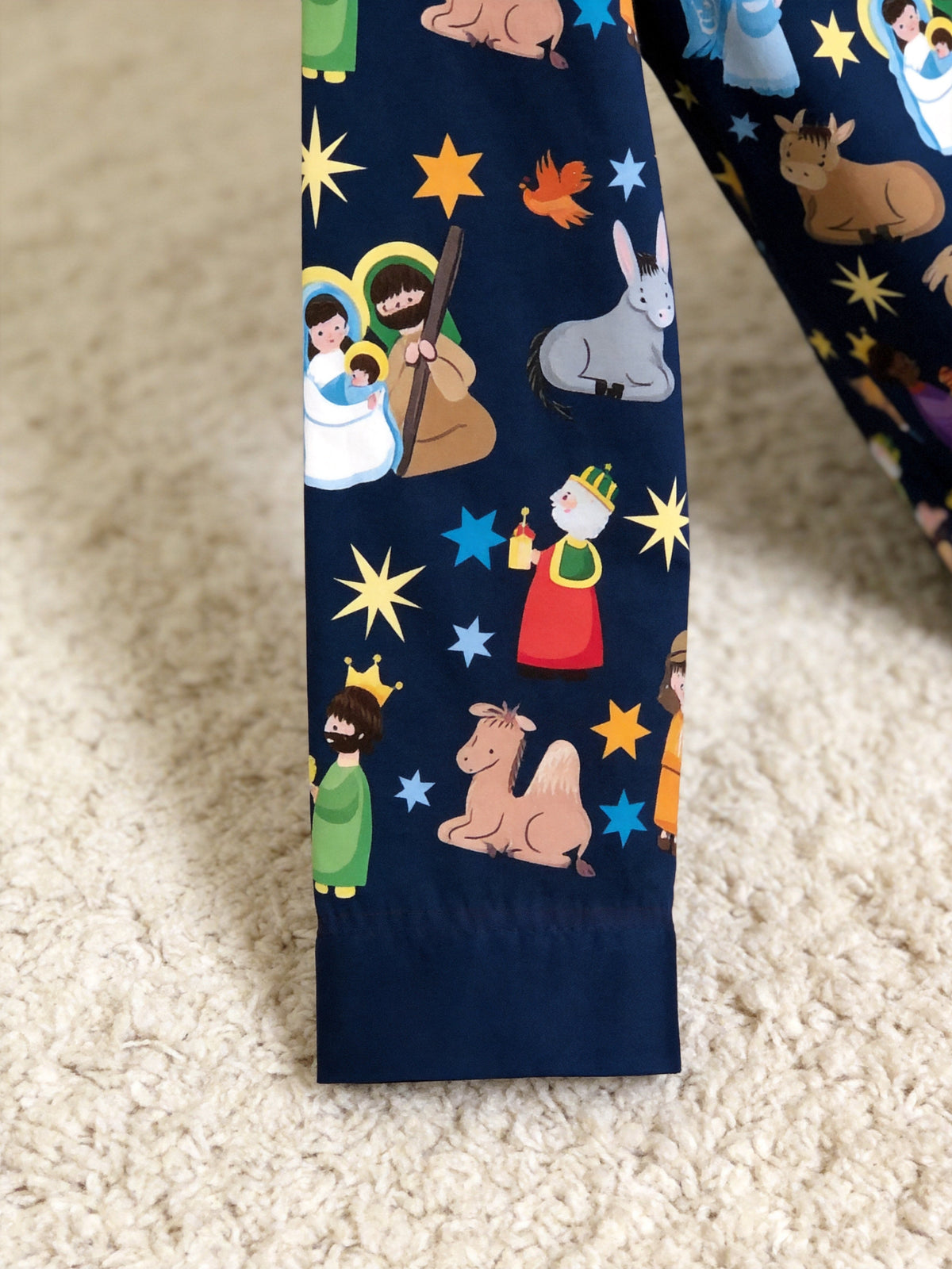Matching Family Christmas Pajamas Set - Navy Blue Nativity Scene Long-Sleeve Button-Down Sleepwea