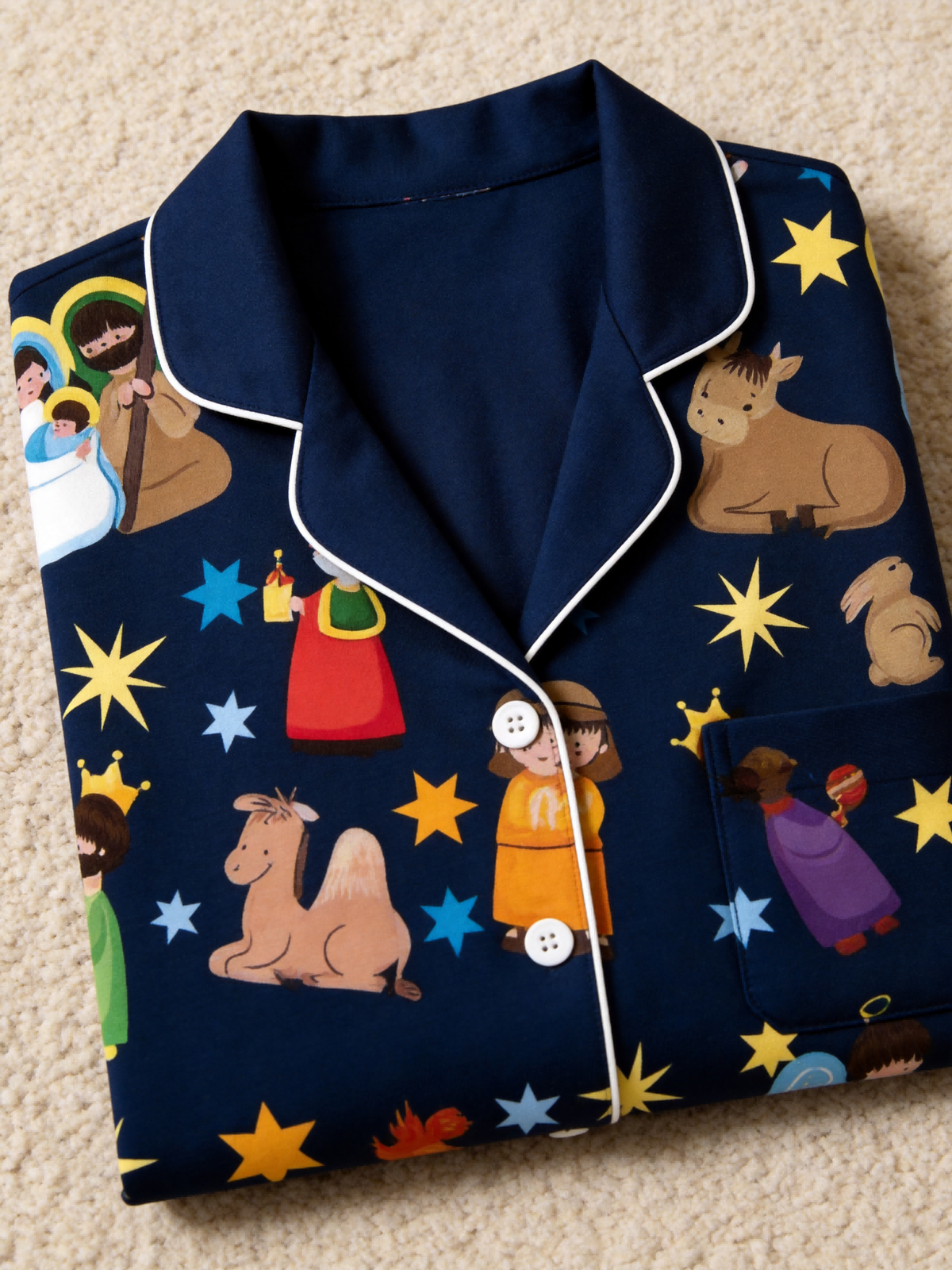 Matching Couple Christmas Pajamas Set - Navy Blue Nativity Scene Long-Sleeve Button-Down Sleepwea