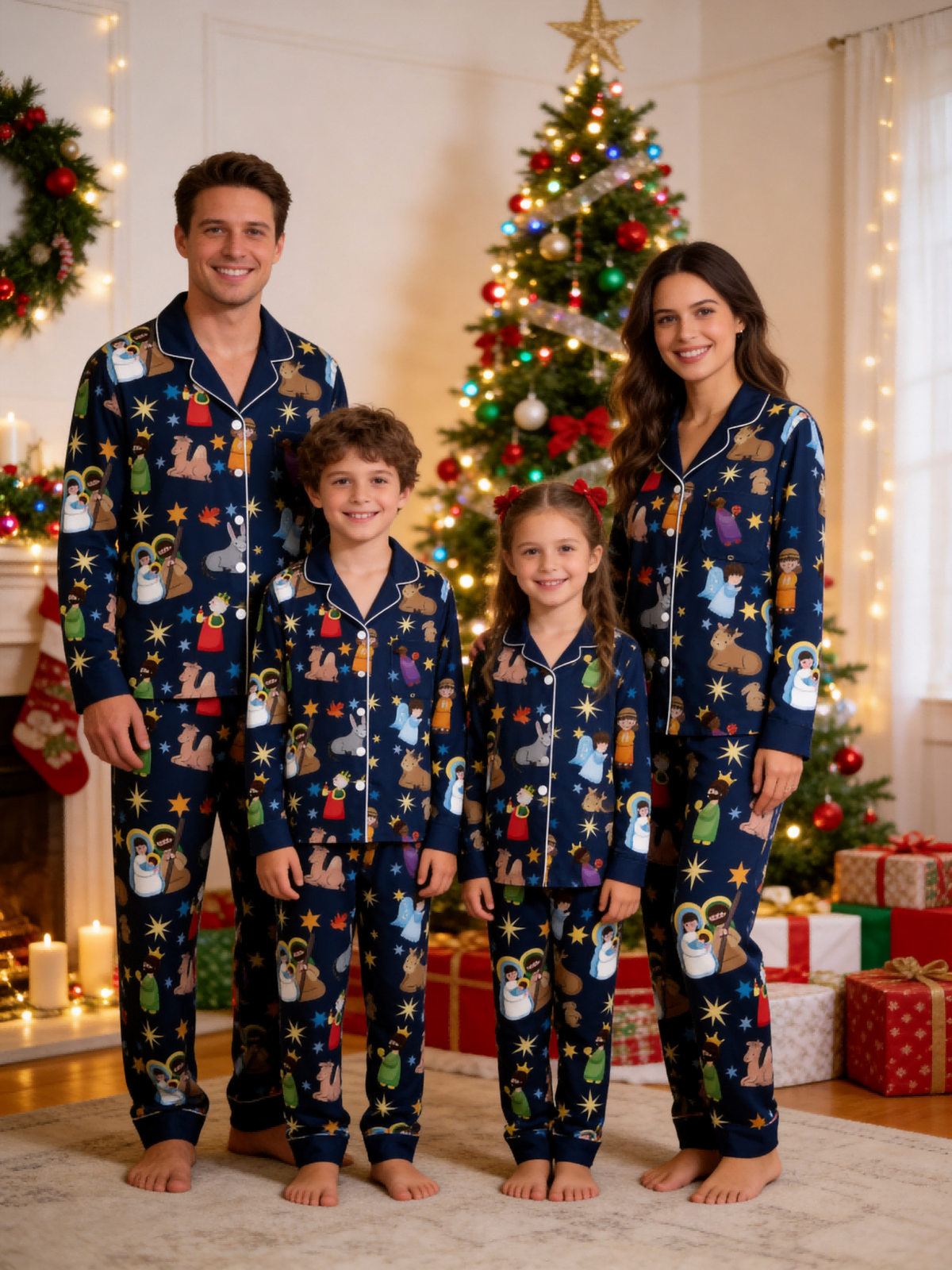 Matching Family Christmas Pajamas Set - Navy Blue Nativity Scene Long-Sleeve Button-Down Sleepwea