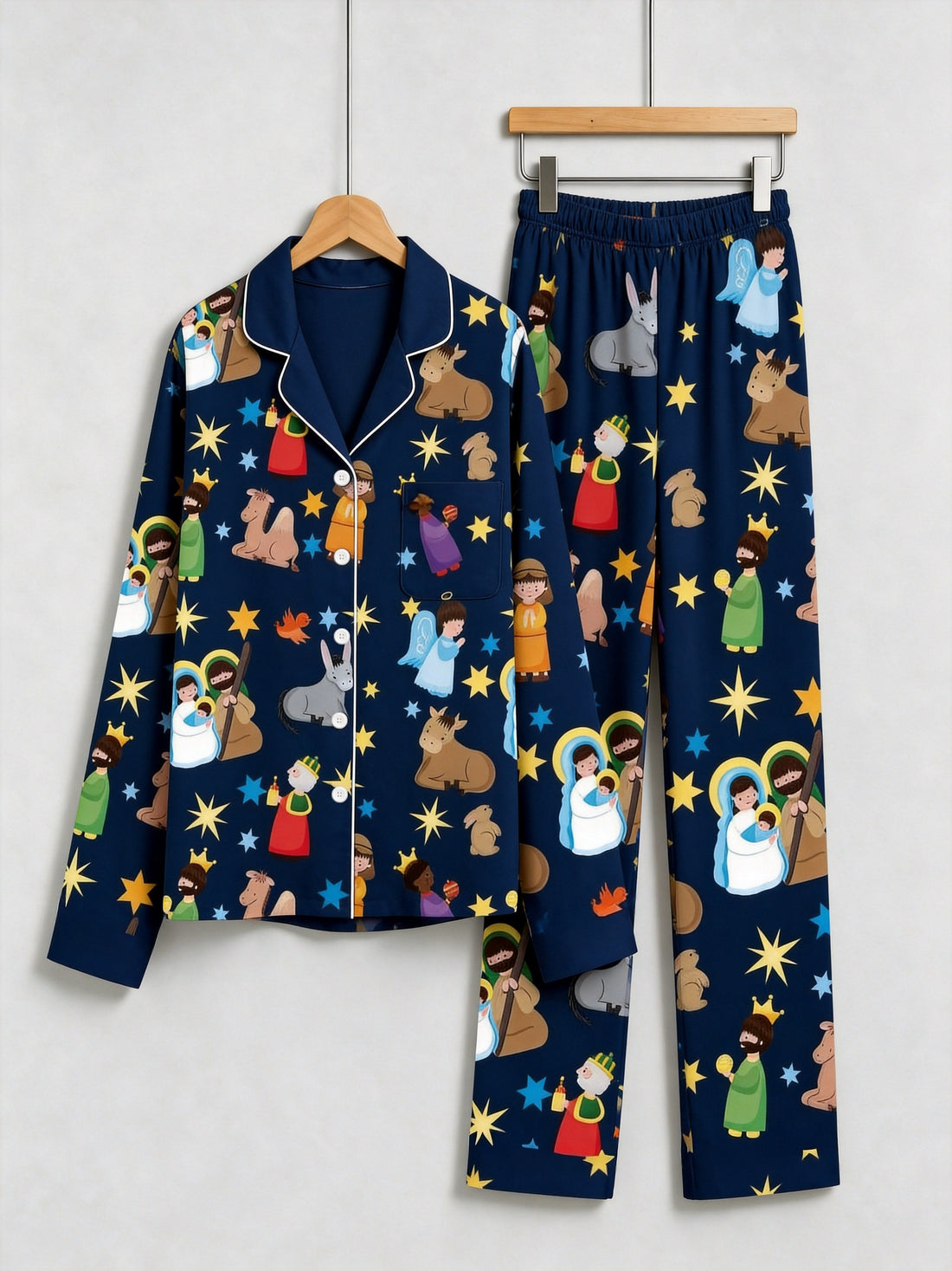 Matching Couple Christmas Pajamas Set - Navy Blue Nativity Scene Long-Sleeve Button-Down Sleepwea