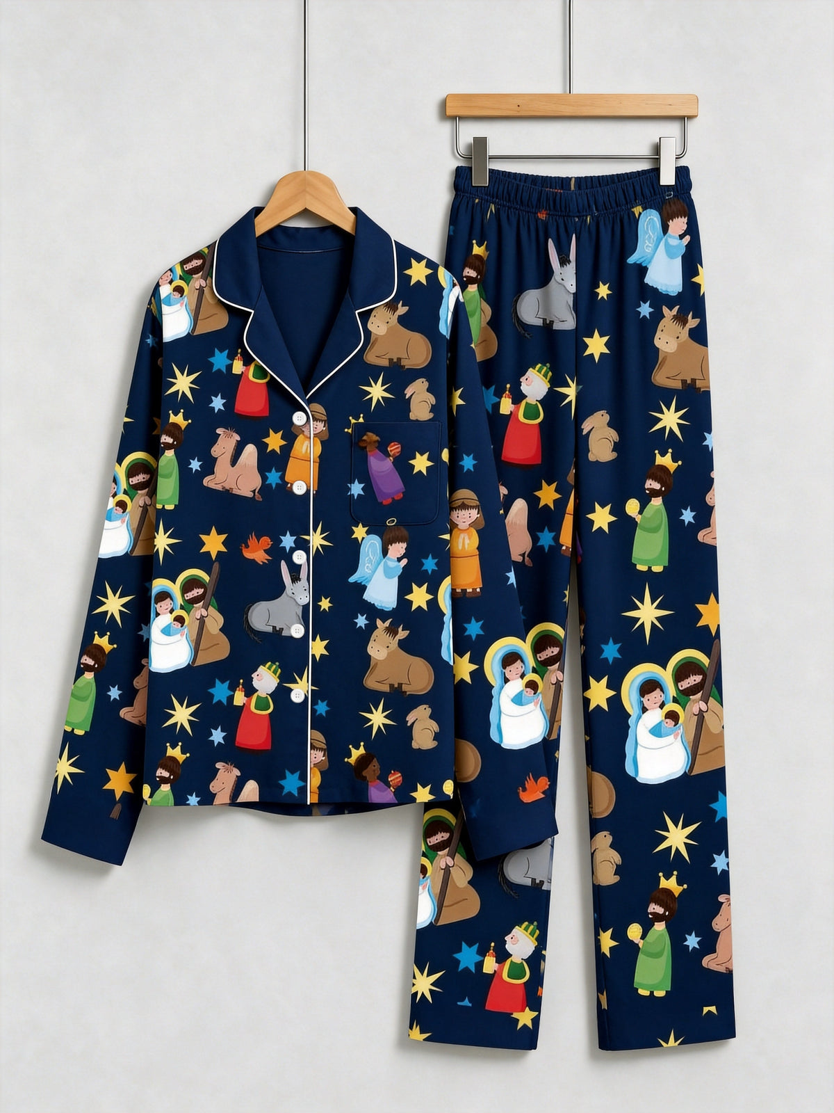 Matching Couple Christmas Pajamas Set - Navy Blue Nativity Scene Long-Sleeve Button-Down Sleepwea