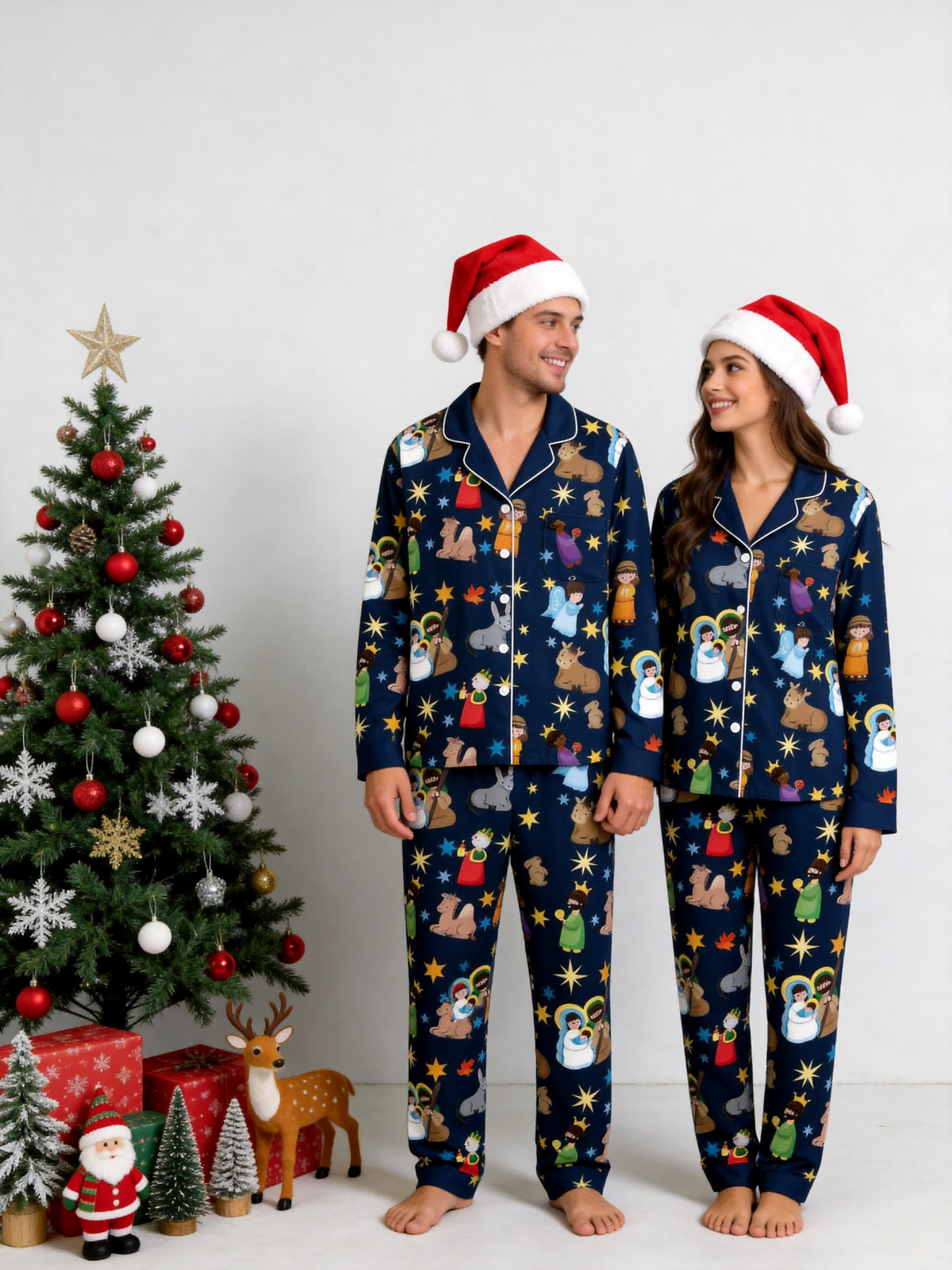 Matching Couple Christmas Pajamas Set - Navy Blue Nativity Scene Long-Sleeve Button-Down Sleepwea