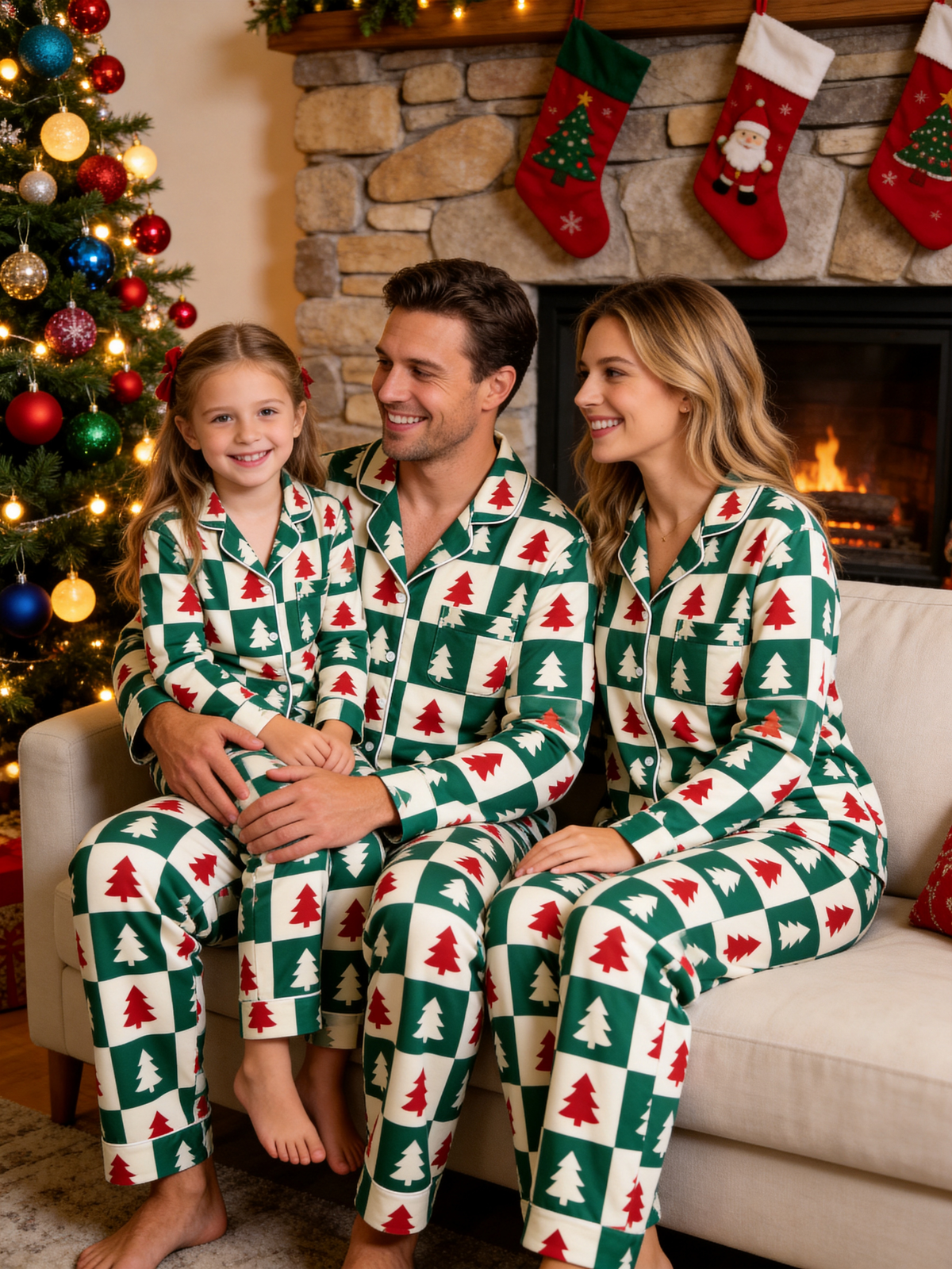 Matching Family Christmas Pajamas - Green & Red Christmas Tree Block Check Button-Down Sleep Set