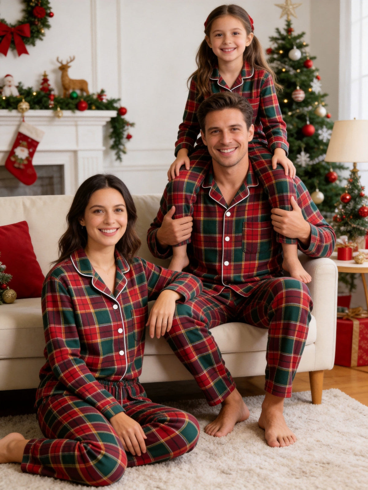 Fun Matching Family Christmas Two-Piece Button Up Long Sleeve PJS Set with Pockets Bright Red and Emerald Green Plaid Festive Holiday Party Outfits for Family Photos