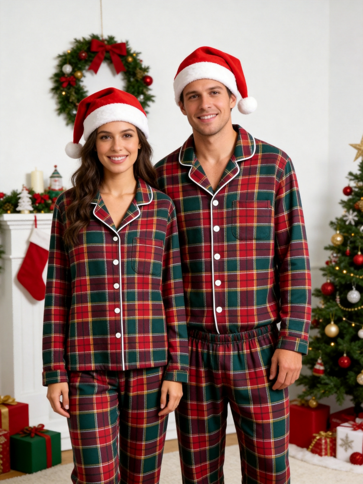 Couple Matching Christmas Two-Piece Button Up Long Sleeve PJS Set