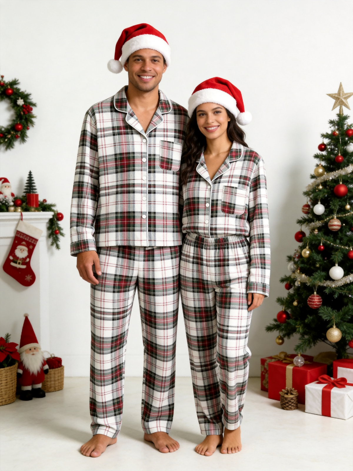 Fun Matching Family Christmas Two-Piece Button Up Long Sleeve PJS Set with Pockets Bright Red and White Plaid Festive Holiday Party Outfits for Family Photos