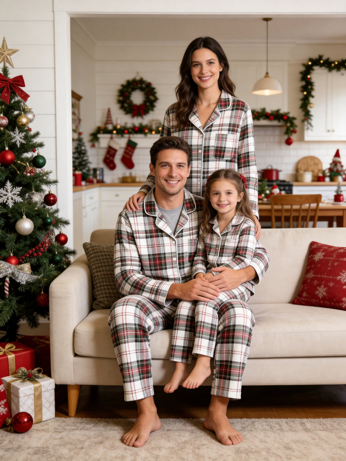 Fun Matching Family Christmas Two-Piece Button Up Long Sleeve PJS Set with Pockets Bright Red and White Plaid Festive Holiday Party Outfits for Family Photos