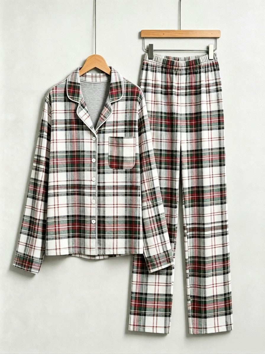 Matching Couple Christmas Two-Piece Button Up Long Sleeve PJS Set with Pockets