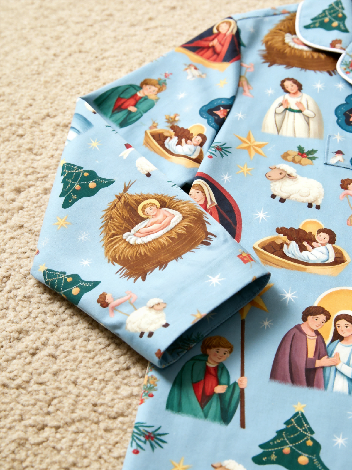 Holy Night Nativity Scene Jesus Couple Christmas Two-Piece Button Up Long Sleeve Pajamas