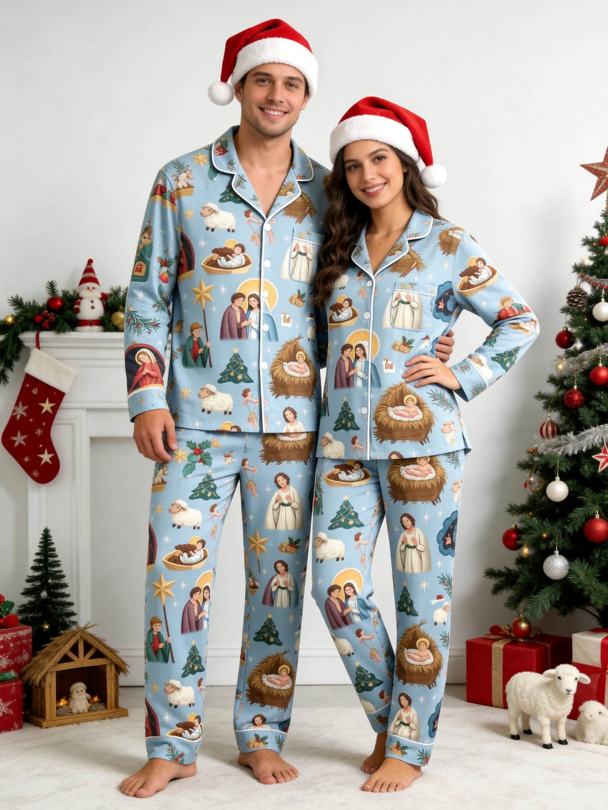 Holy Night Nativity Scene Jesus Family Christmas Two-Piece Button Up Long Sleeve Pants Pockets PJS Stable and Three Wise Men Print Festive Wear