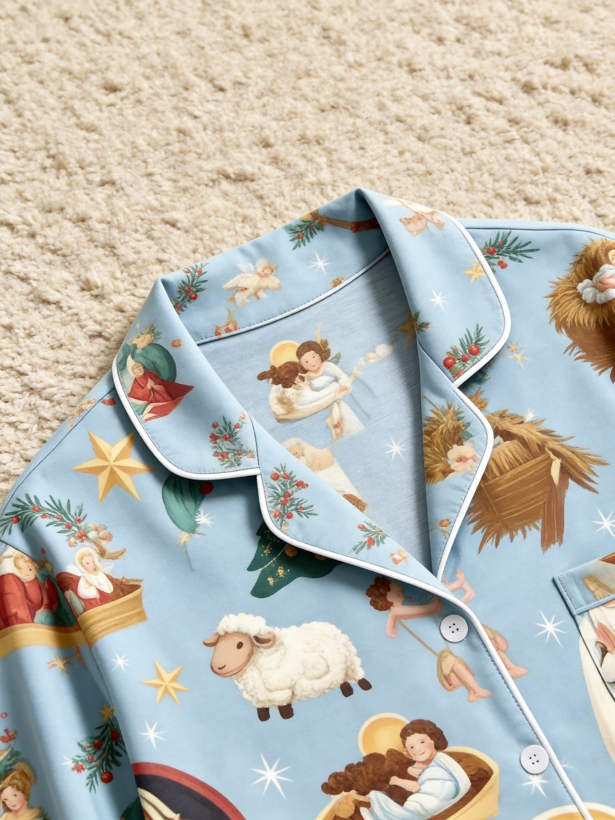 Holy Night Nativity Scene Jesus Family Christmas Two-Piece Button Up Long Sleeve Pants Pockets PJS Stable and Three Wise Men Print Festive Wear