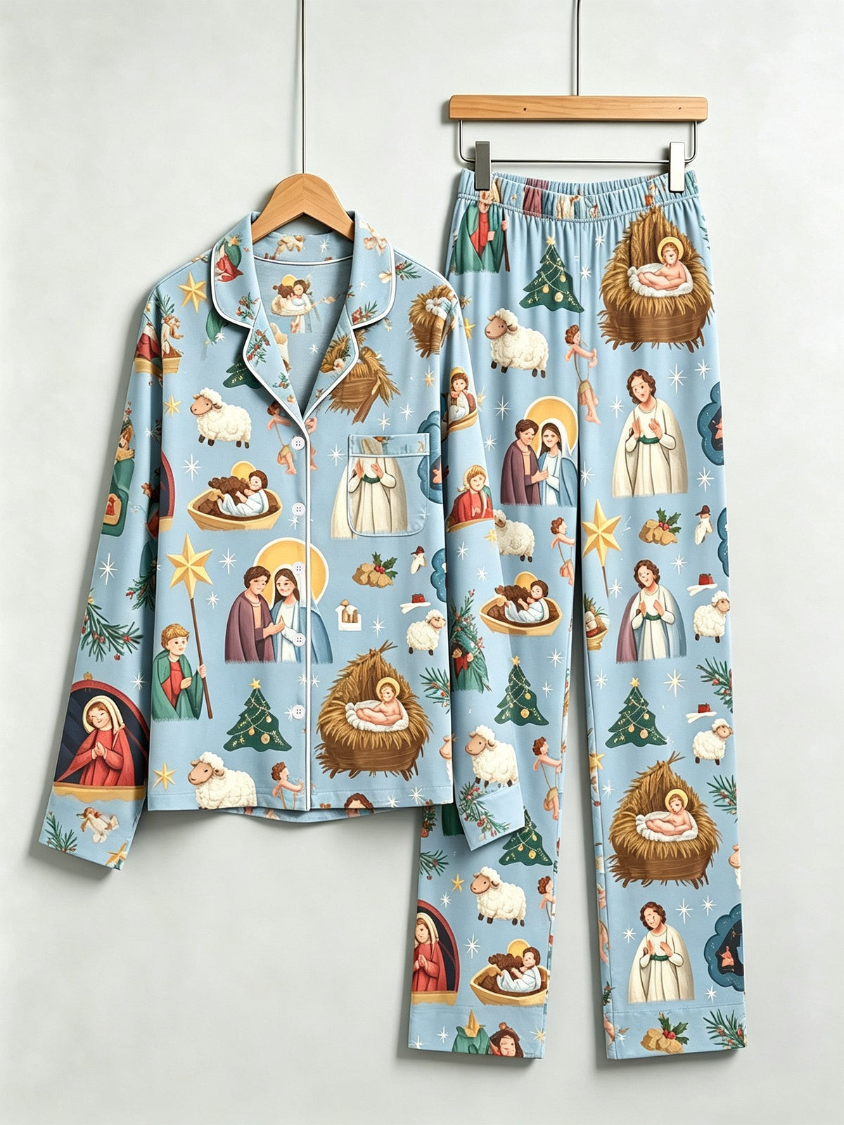 Holy Night Nativity Scene Jesus Couple Christmas Two-Piece Button Up Long Sleeve Pajamas