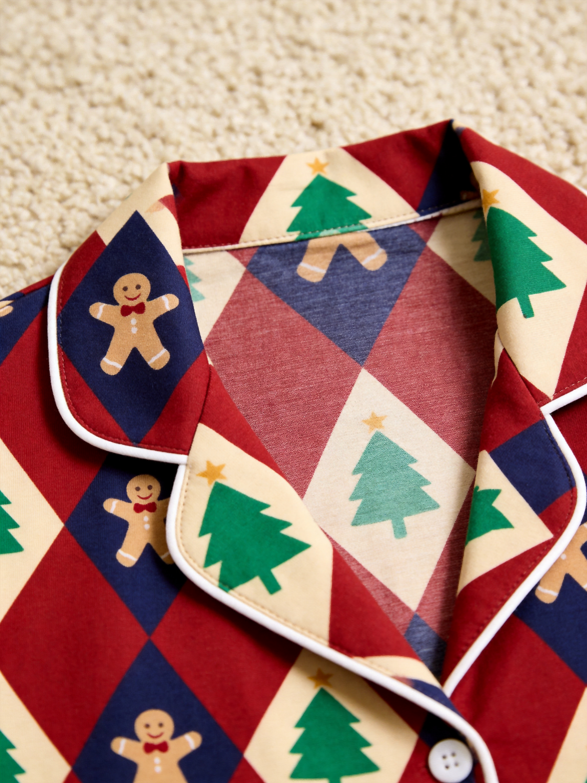 Festive Gingerbread Couple Christmas Two-Piece Button-Down PJS Long Sleeve Pants Pockets Cute Candy Print Winter Holiday Matching Sets