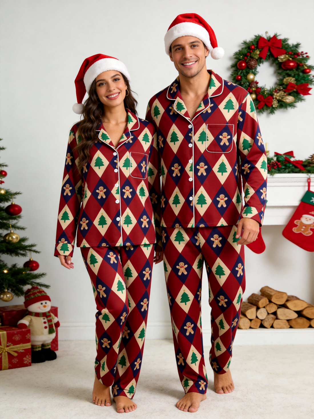 Festive Gingerbread Family Christmas Two-Piece Button-Down PJS Long Sleeve Pants Pockets Cute Candy Print Winter Holiday Matching Sets