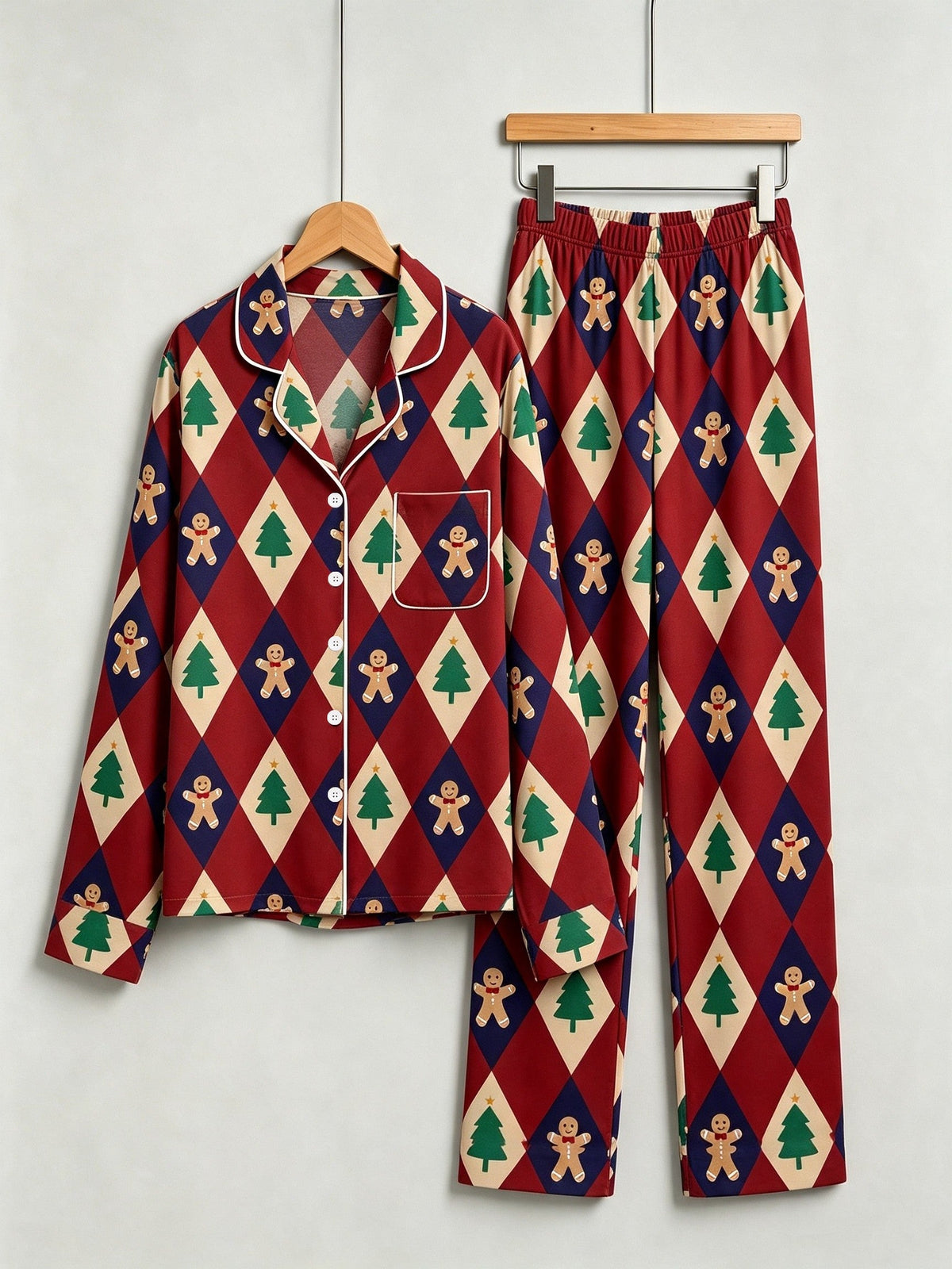 Festive Gingerbread Couple Christmas Two-Piece Button-Down PJS Long Sleeve Pants Pockets Cute Candy Print Winter Holiday Matching Sets