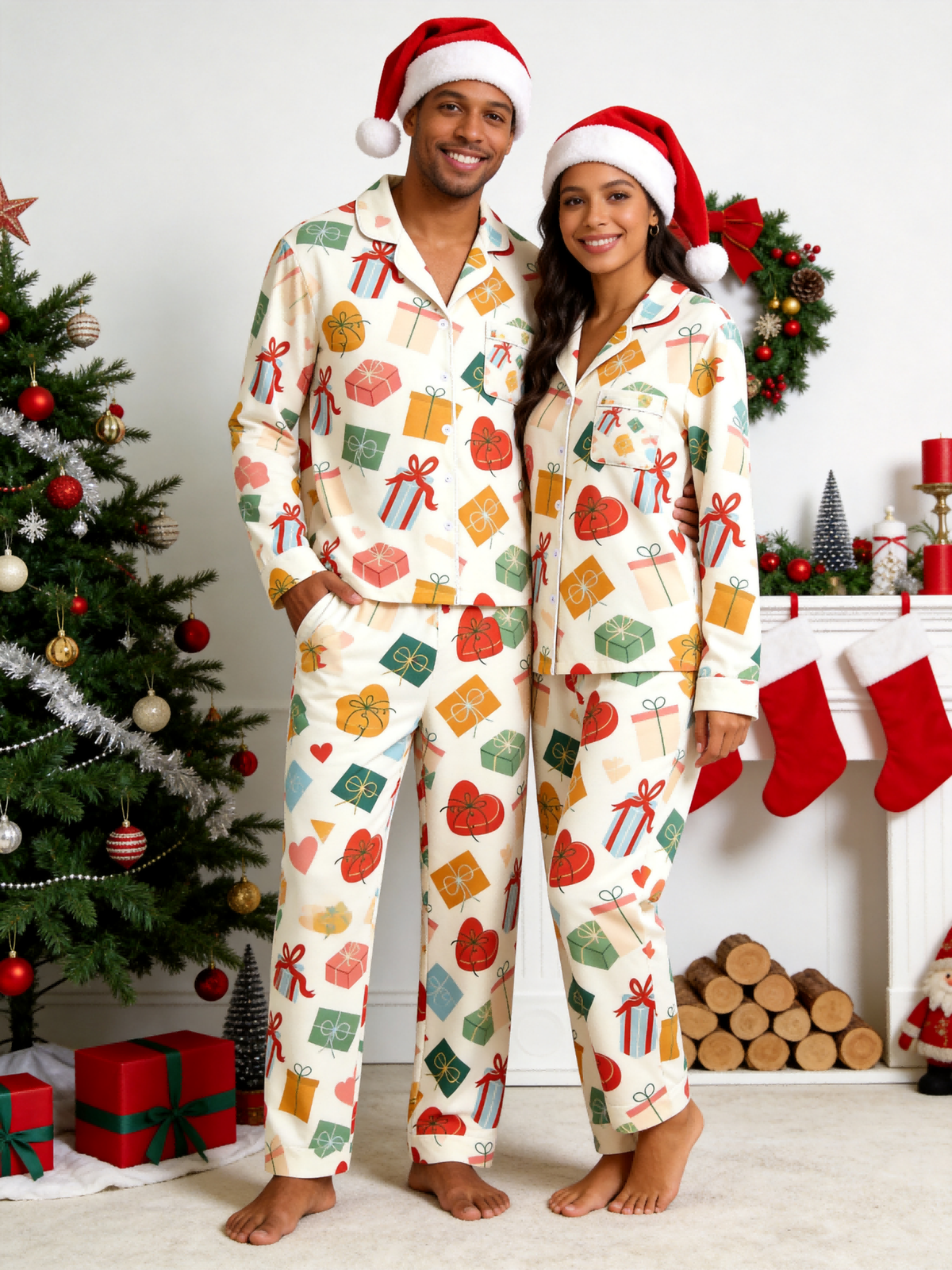 Two-Piece Set Festive Gift Box and Ribbon Couple Christmas  Button-Down Long Sleeve PJS Set