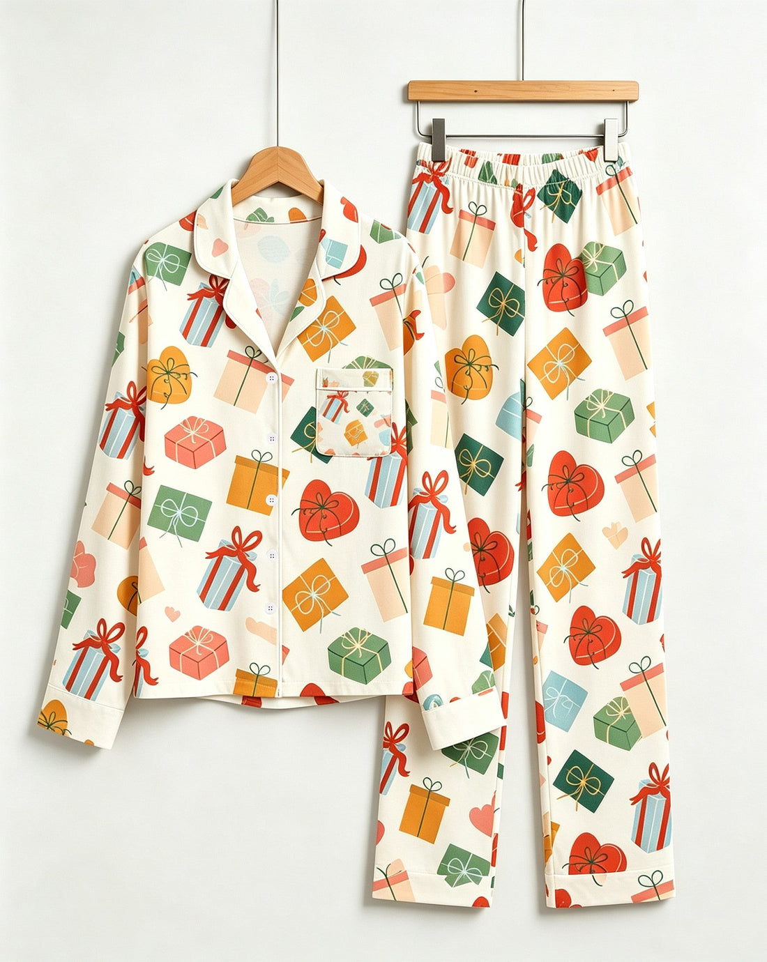Two-Piece Set Festive Gift Box and Ribbon Couple Christmas  Button-Down Long Sleeve PJS Set