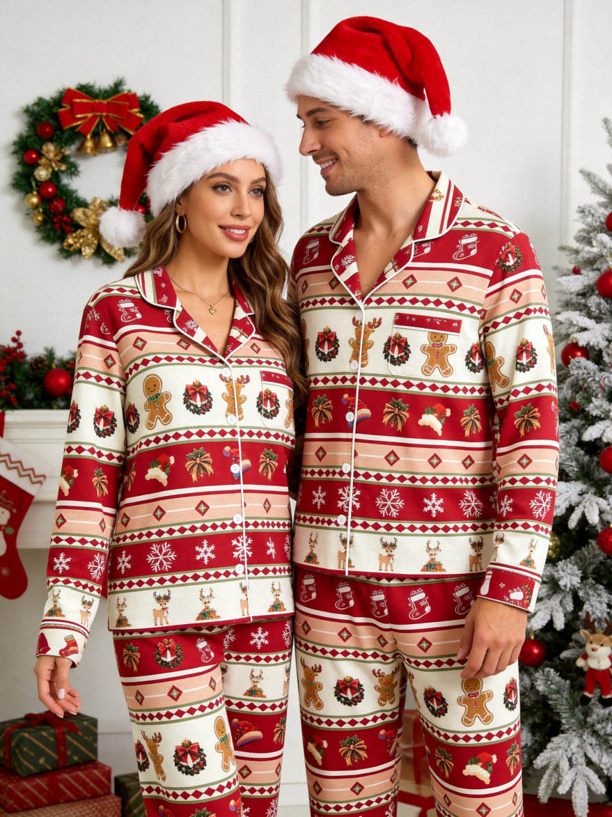 Festive Gingerbread and Elk Print Family Christmas Two-Piece Button-Down PJS Long Sleeve Pants Pockets Cute Candy Print Winter Holiday Matching Sets