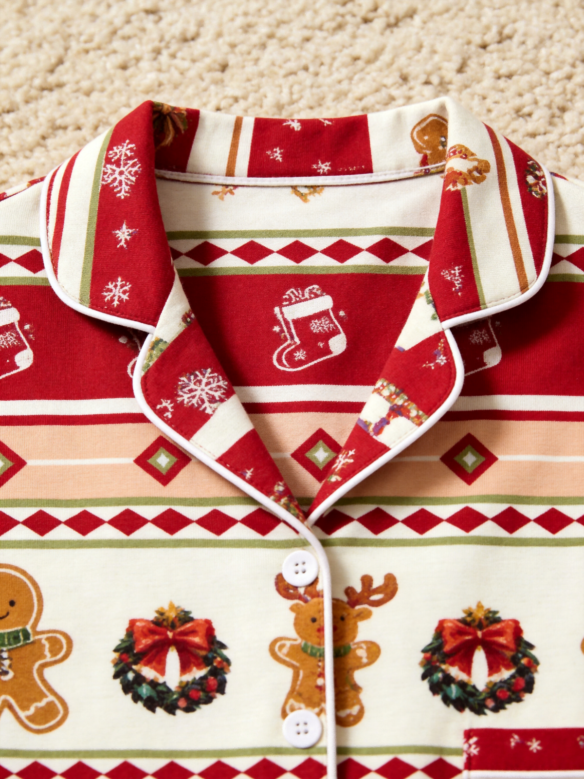 Festive Gingerbread and Elk Print Couple Christmas Two-Piece Button-Down PJS