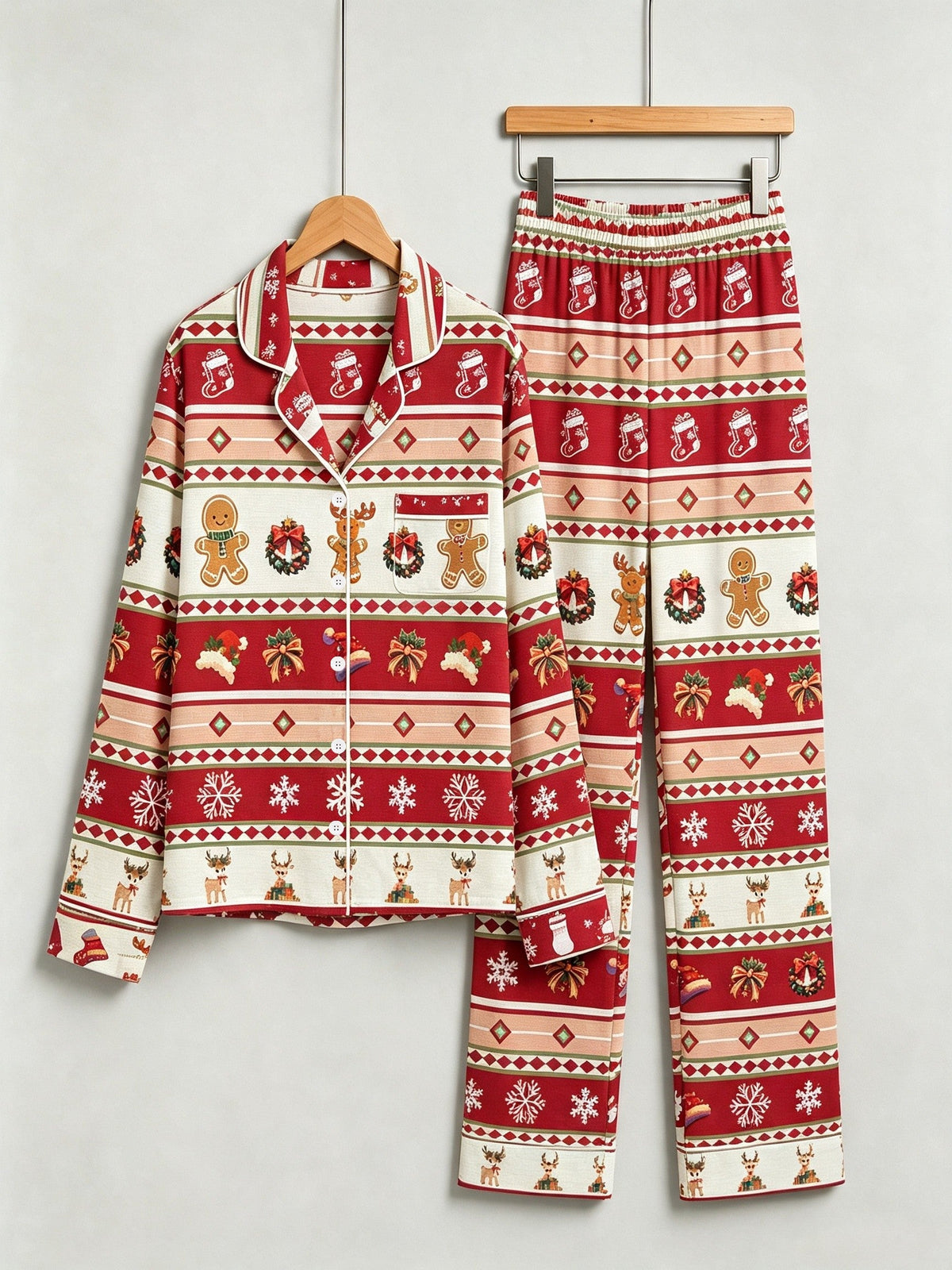 Festive Gingerbread and Elk Print Couple Christmas Two-Piece Button-Down PJS