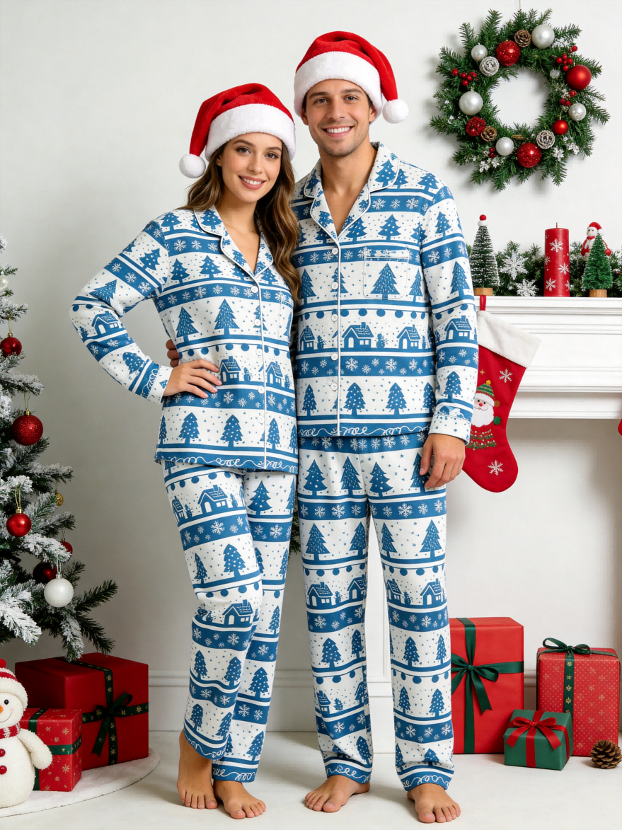 Two-Piece Set Classic Christmas Tree and Snowflakes Print Family Christmas Two-Piece Button Closure PJS Long Sleeve Pants with Pocket Party Outfits