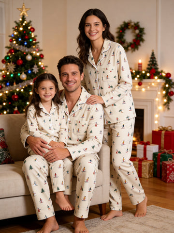Two-Piece Set Matching Family Christmas Two-Piece Button-Down Long Sleeve PJS Set with Pockets Cute Skiing and Winter Print Festive Holiday Matching Outfits for Adults Kids