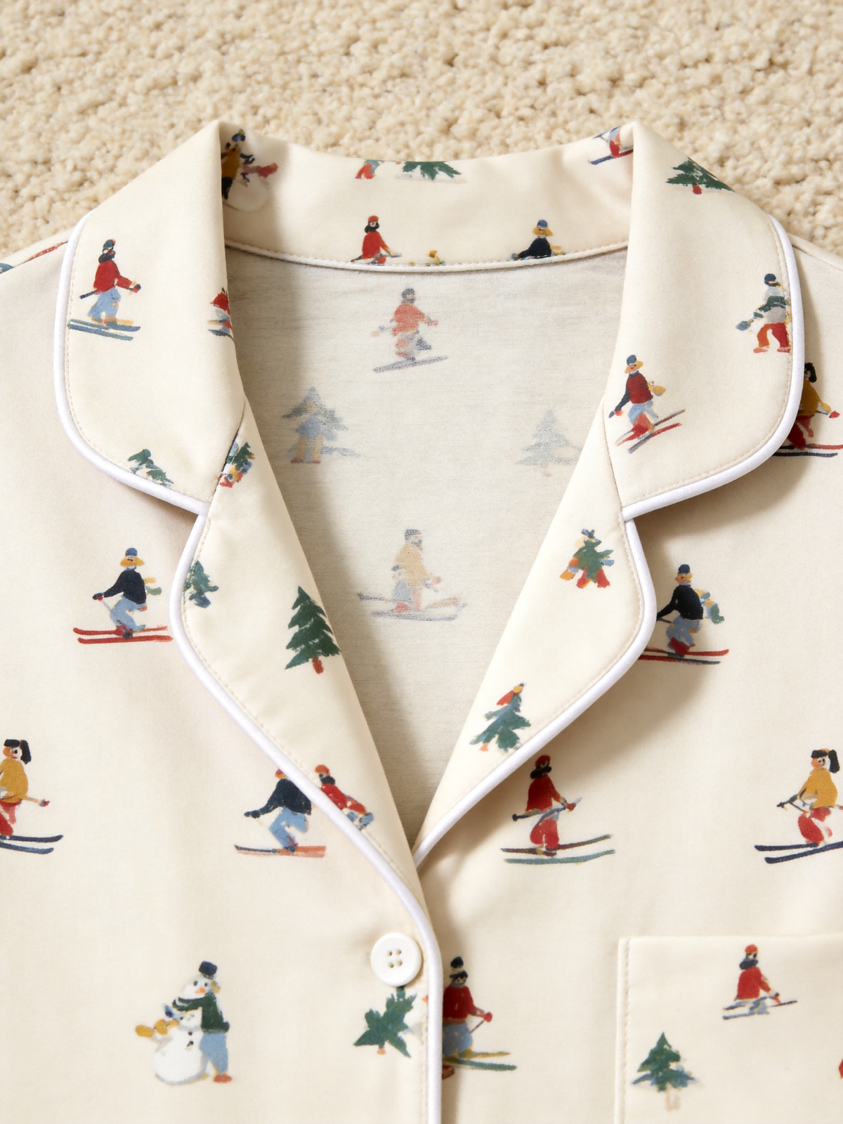 Two-Piece Set Matching Couple Christmas Two-Piece Button-Down Long Sleeve PJS Set with Pockets Cute Skiing and Winter Print Festive Holiday Matching Pajamas