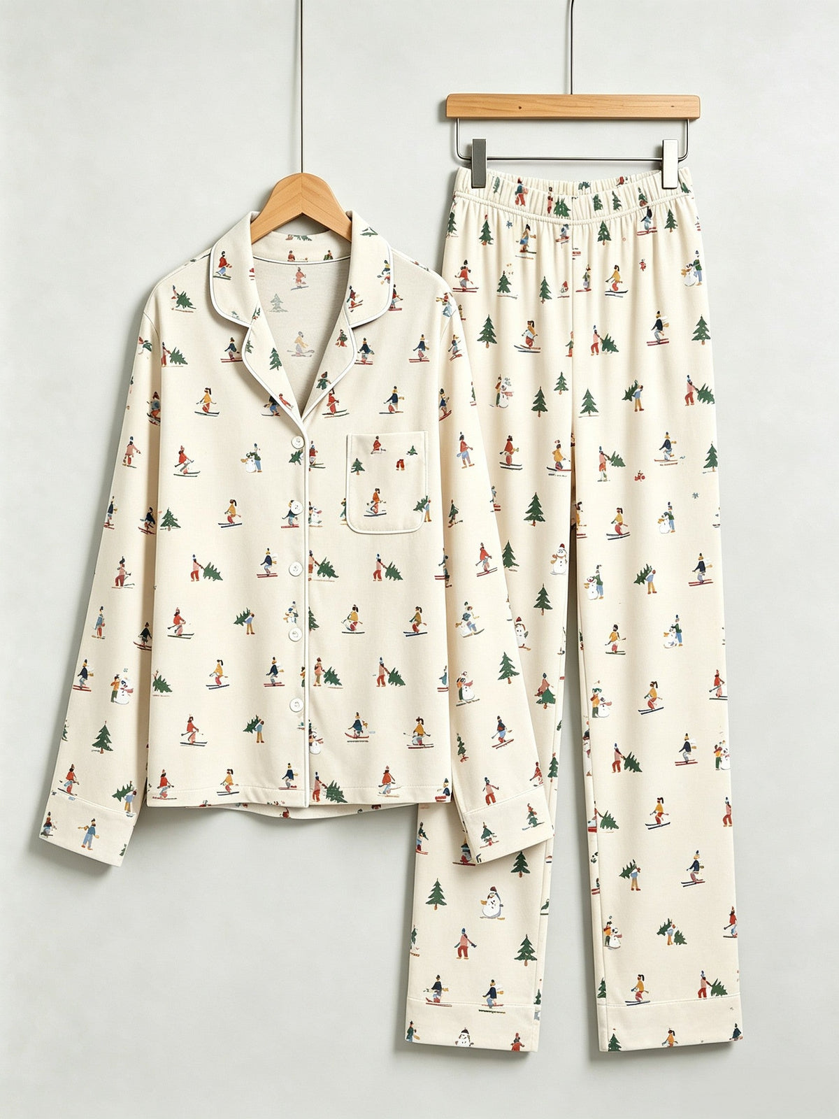 Two-Piece Set Matching Family Christmas Two-Piece Button-Down Long Sleeve PJS Set with Pockets Cute Skiing and Winter Print Festive Holiday Matching Outfits for Adults Kids