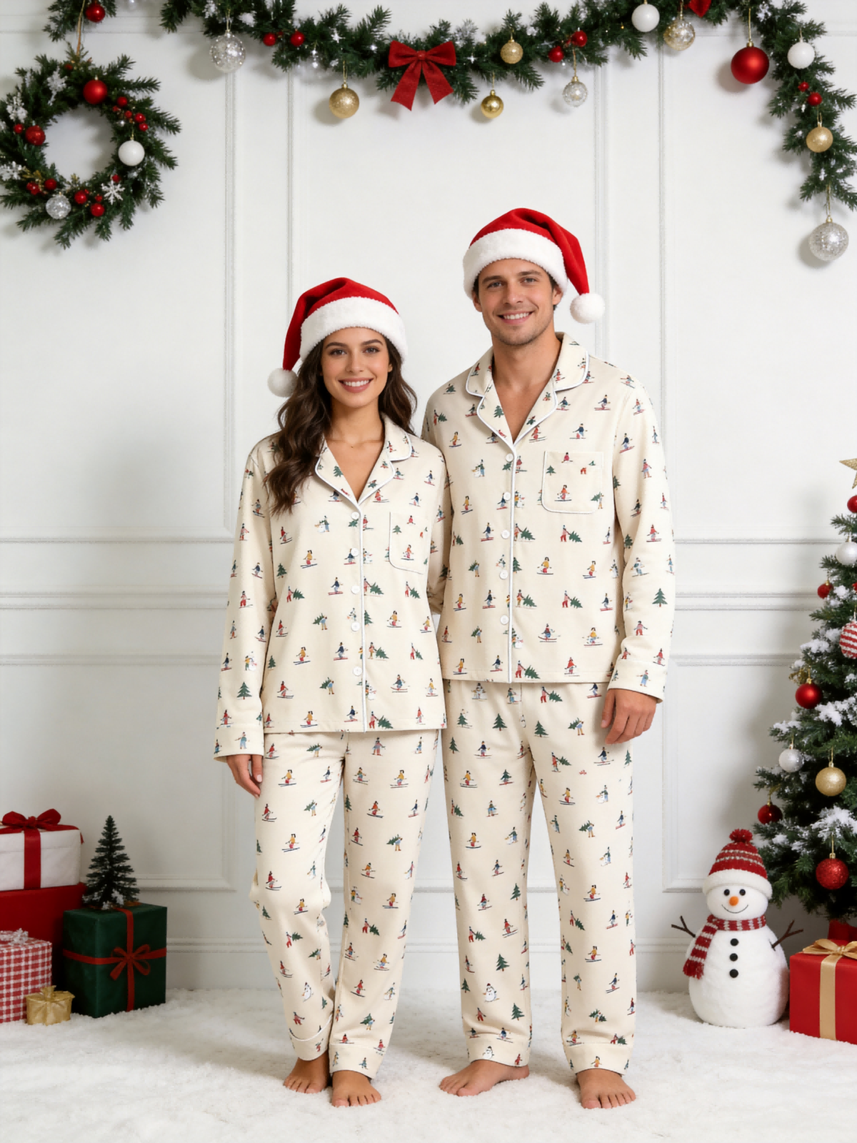 Two-Piece Set Matching Family Christmas Two-Piece Button-Down Long Sleeve PJS Set with Pockets Cute Skiing and Winter Print Festive Holiday Matching Outfits for Adults Kids