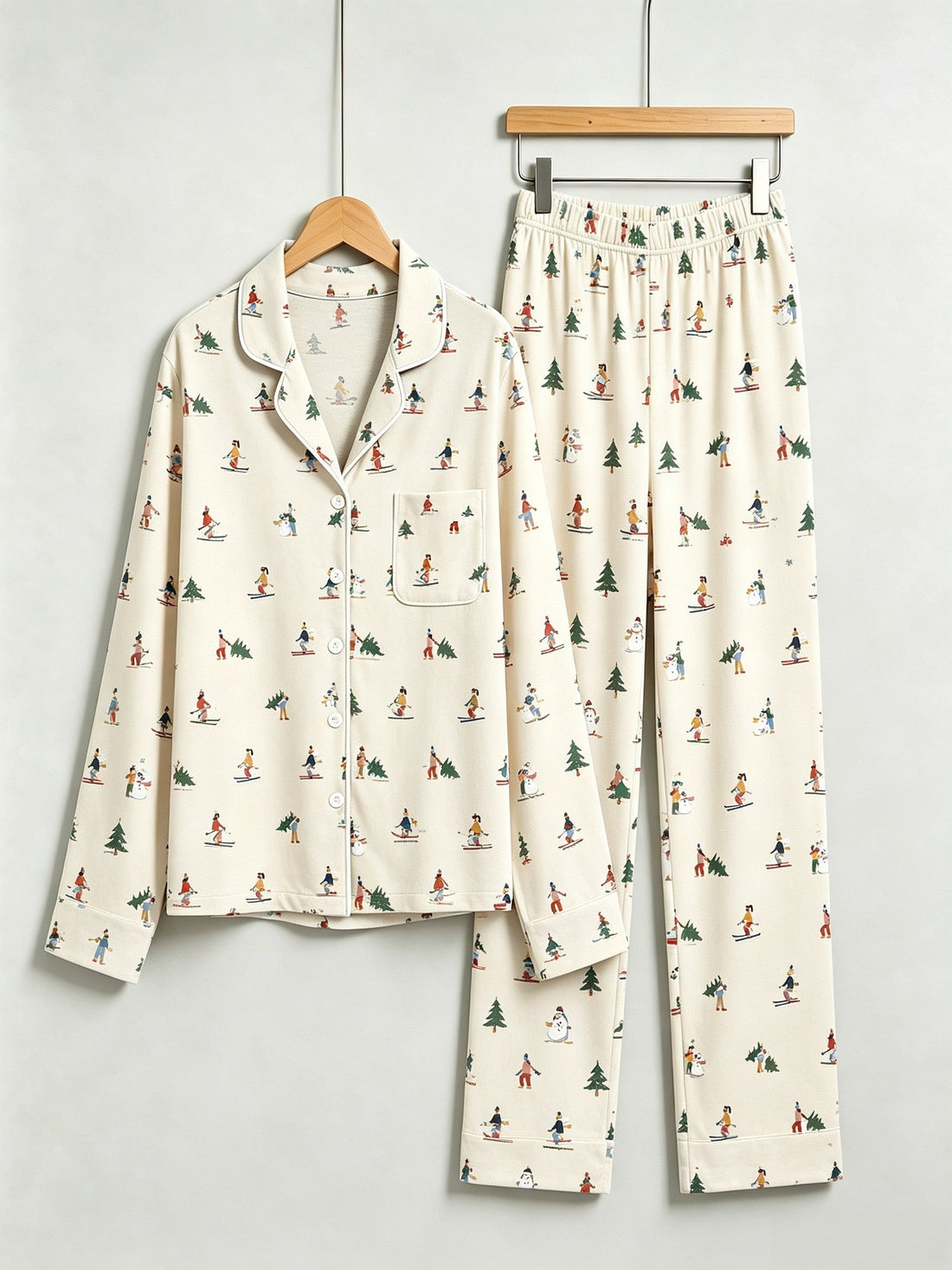 Two-Piece Set Matching Couple Christmas Two-Piece Button-Down Long Sleeve PJS Set with Pockets Cute Skiing and Winter Print Festive Holiday Matching Pajamas