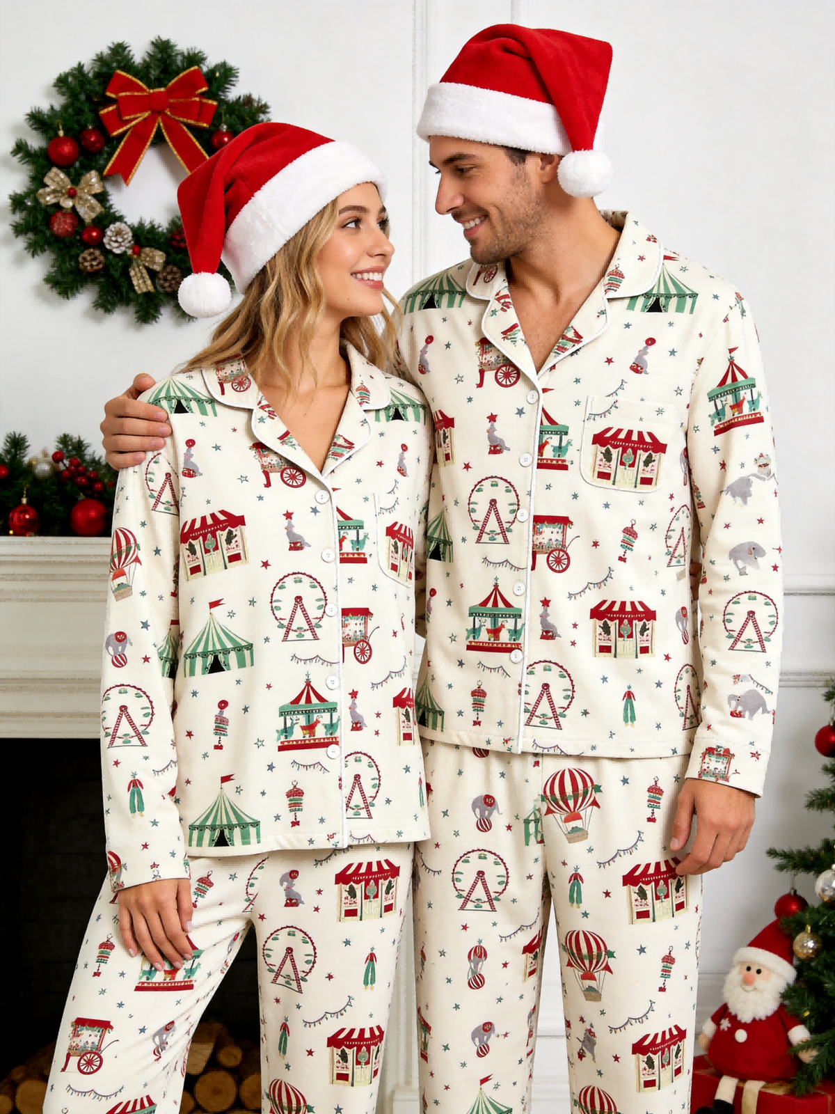 Two-Piece Set Matching Couple Christmas Button-Down Long Sleeve PJS Set with Pockets Cute Circus and Carnival Print Festive Holiday Matching Pajamas