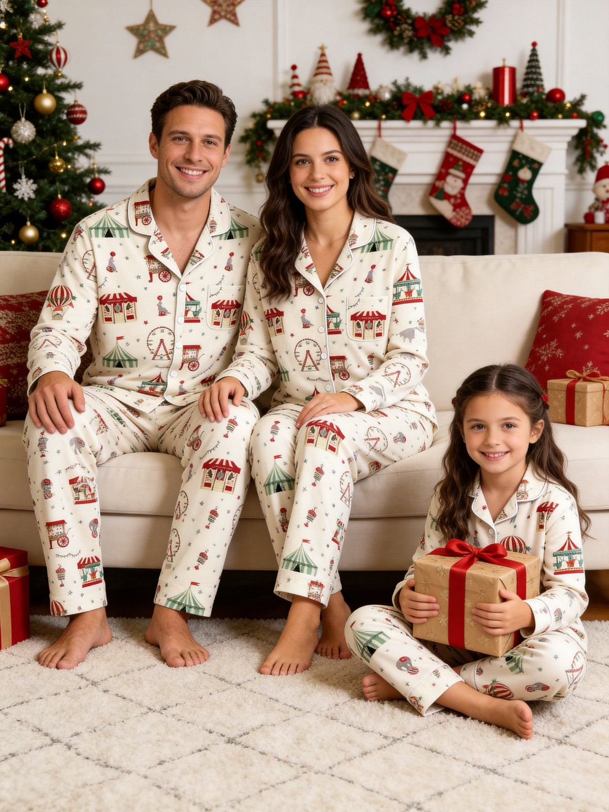 Two-Piece Set Matching Family Christmas Two-Piece Button-Down Long Sleeve PJS Set with Pockets Cute Circus and Carnival Print Festive Holiday Matching Outfits for Adults Kids