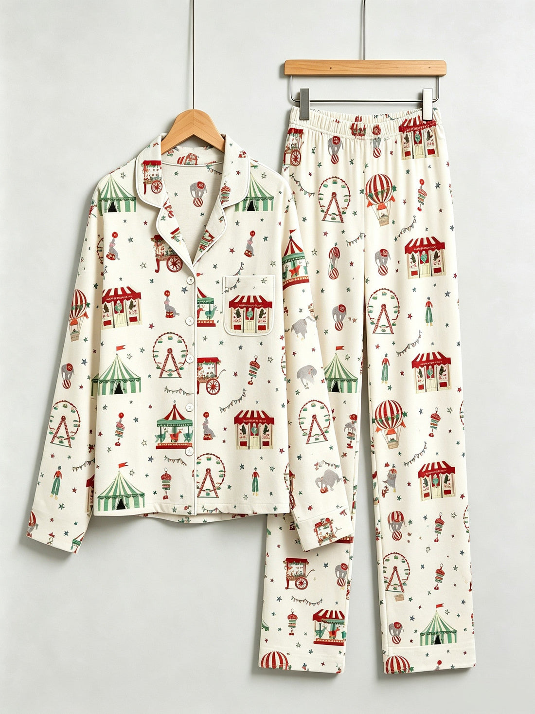 Two-Piece Set Matching Couple Christmas Button-Down Long Sleeve PJS Set with Pockets Cute Circus and Carnival Print Festive Holiday Matching Pajamas