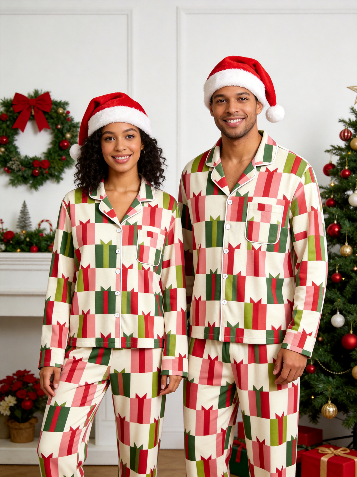 Two-Piece Set Matching Family Christmas Two-Piece Button-Down Long Sleeve PJS Set with Pockets Festive Holiday Gift Box Print Matching Outfits for Adults Kids