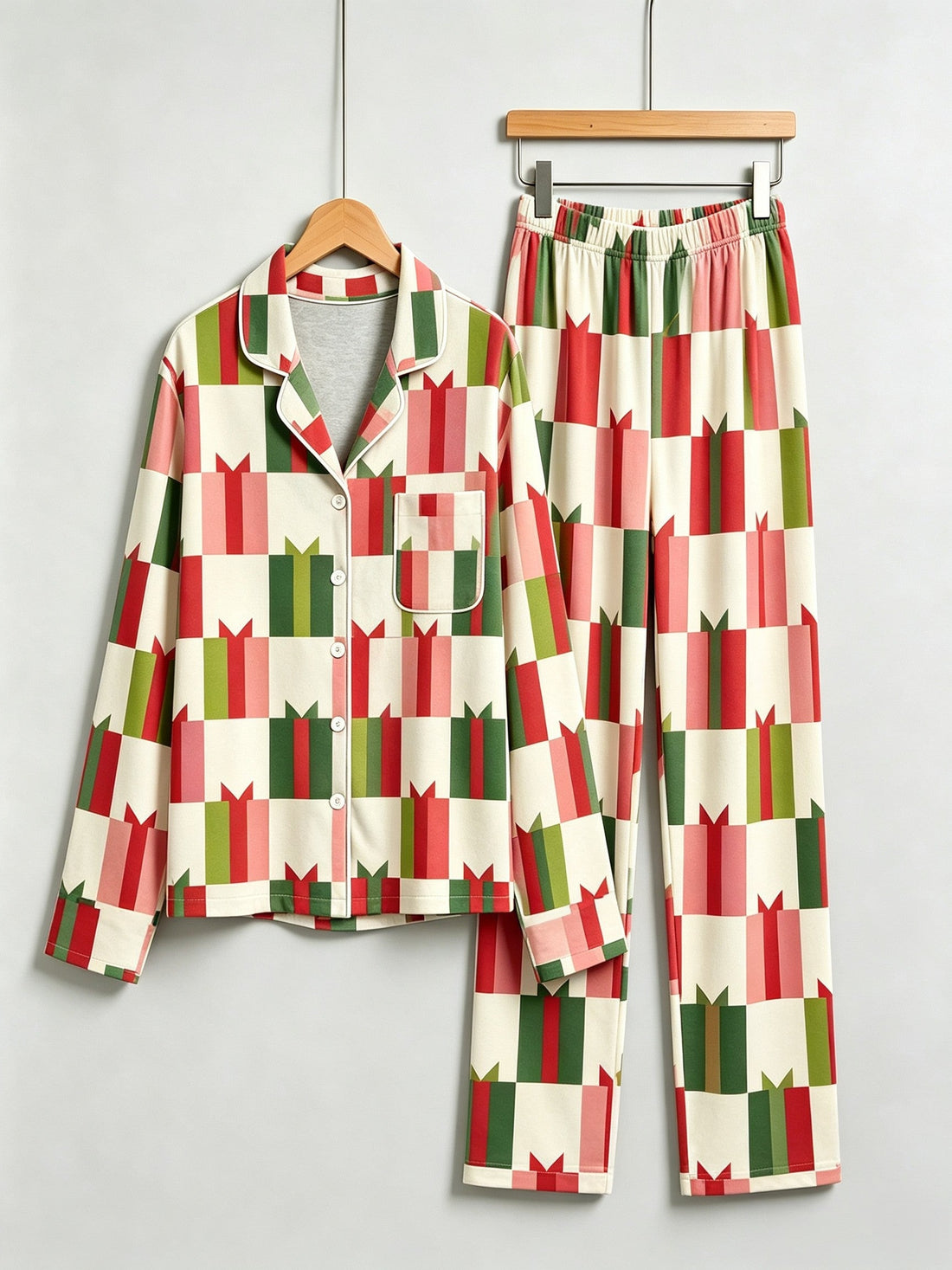 Two-Piece Set Matching Couple Christmas Two-Piece Button-Down Long Sleeve PJS Set with Pockets Festive Holiday Gift Box Print Matching Pajamas