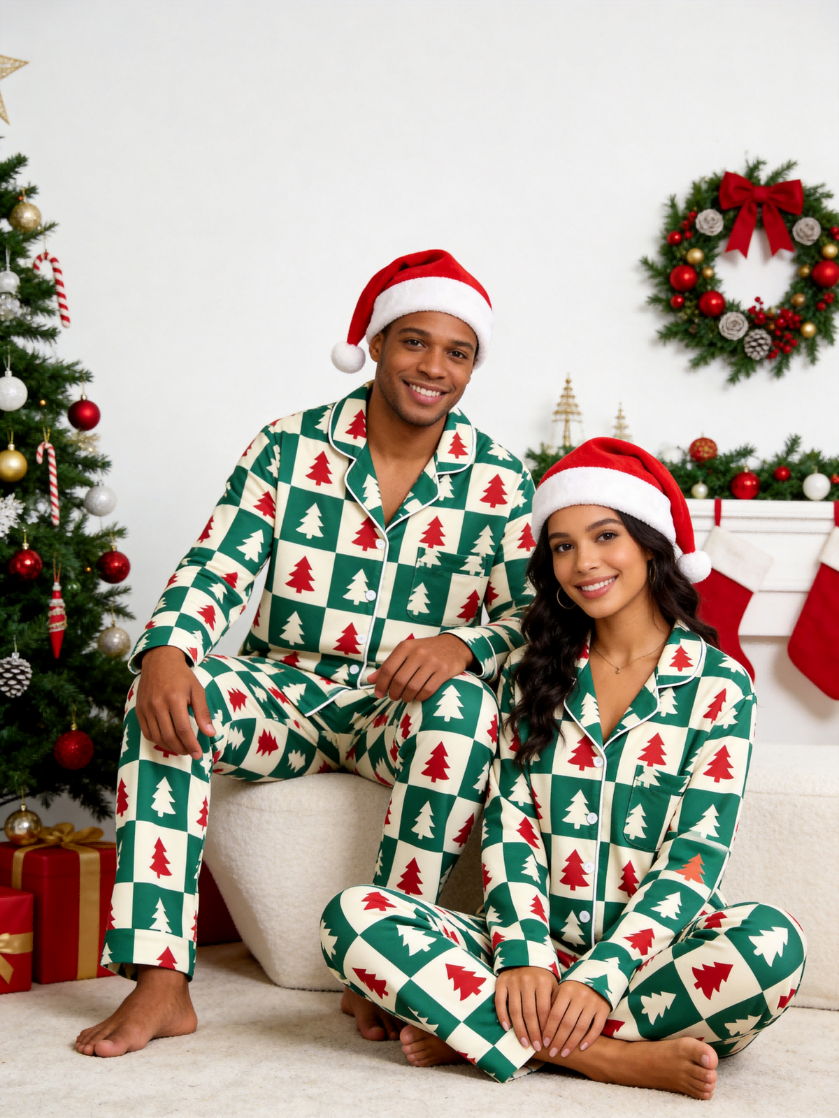 Matching Family Christmas Pajamas - Green & Red Christmas Tree Block Check Button-Down Sleep Set