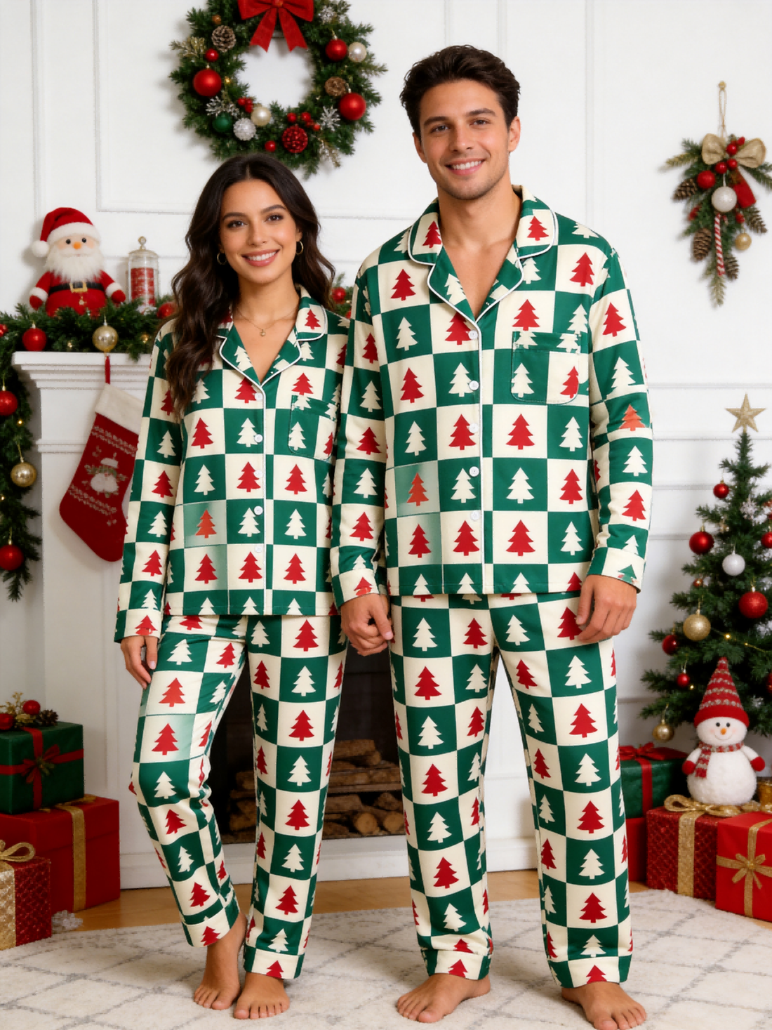 Matching Couple Christmas Pajamas - Green & Red Christmas Tree Block Check Button-Down Sleep Set