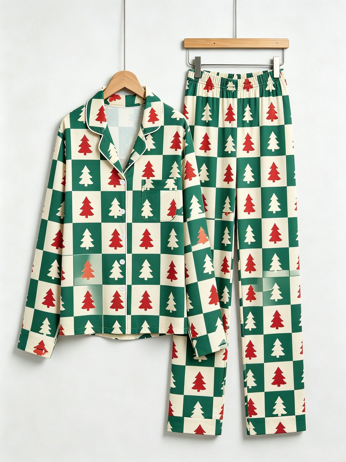 Matching Couple Christmas Pajamas - Green & Red Christmas Tree Block Check Button-Down Sleep Set