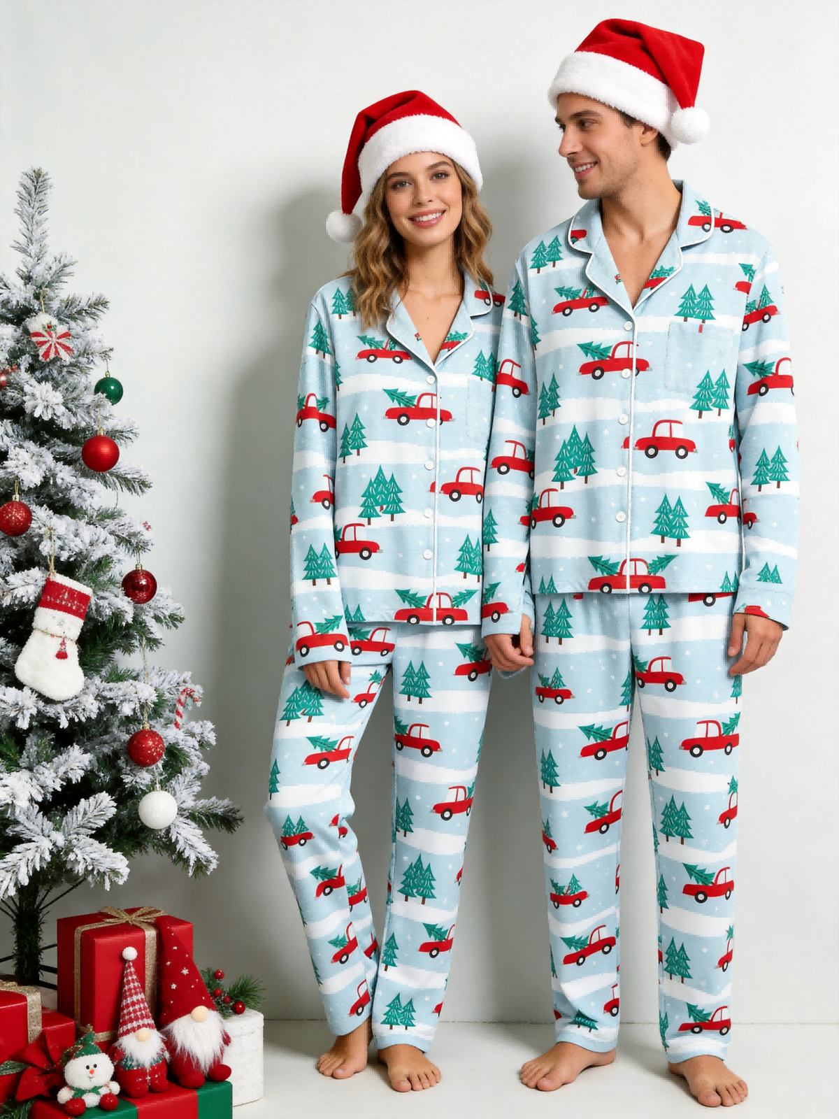 Two-Piece Set Festive Red Truck Print Family Christmas Two-Piece Button-Down PJS Long Sleeve Top and Pants with Pockets Winter Holiday Sets