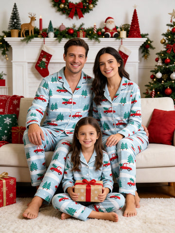 Two-Piece Set Festive Red Truck Print Family Christmas Two-Piece Button-Down PJS Long Sleeve Top and Pants with Pockets Winter Holiday Sets