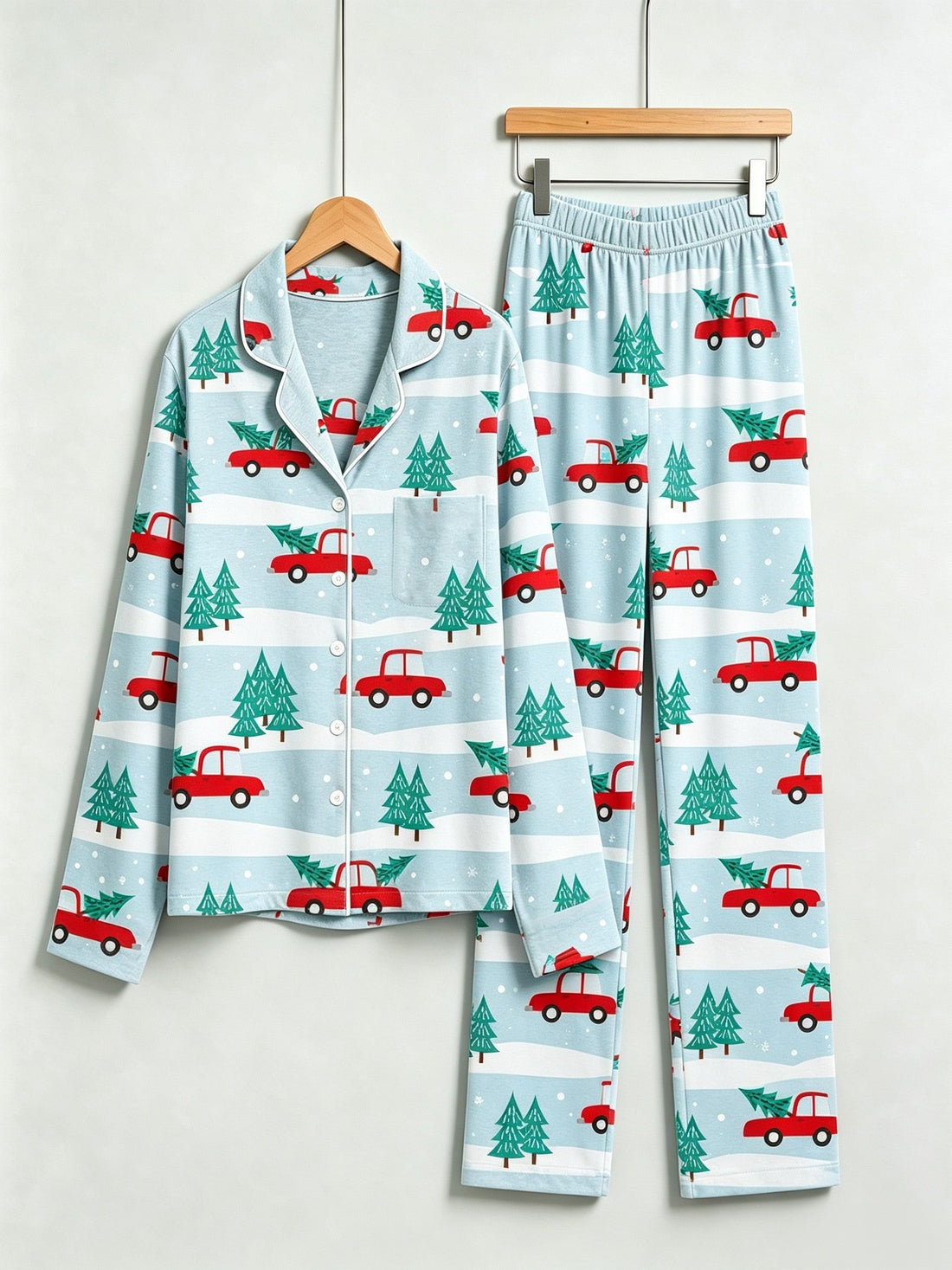 Two-Piece Set Festive Red Truck Print Couple Christmas Two-Piece Button-Down PJS Long Sleeve Top and Pants with Pockets Winter Holiday Sets
