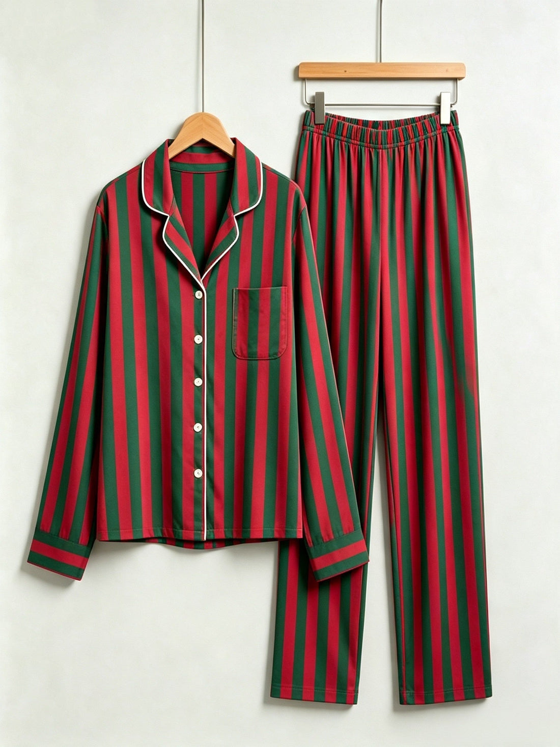 Matching Family Christmas Pajamas - Red & Green Vertical Striped Button-Down Sleep Set