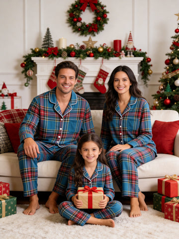 Matching Family Christmas Pajamas - Blue Multi-Color Tartan Plaid Button-Down Sleepwear
