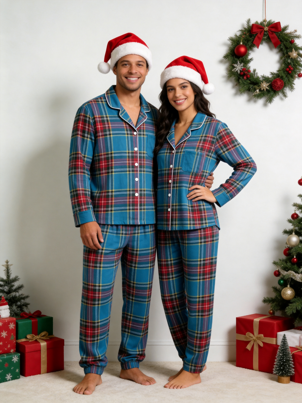 Matching Family Christmas Pajamas - Blue Multi-Color Tartan Plaid Button-Down Sleepwear