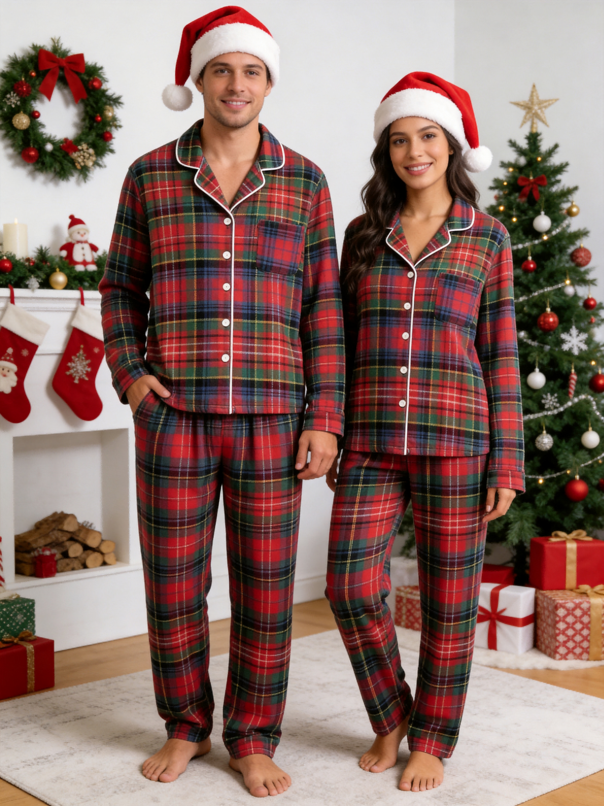Matching Family Christmas Pajamas - Traditional Red & Green Tartan Plaid Button-Down Set