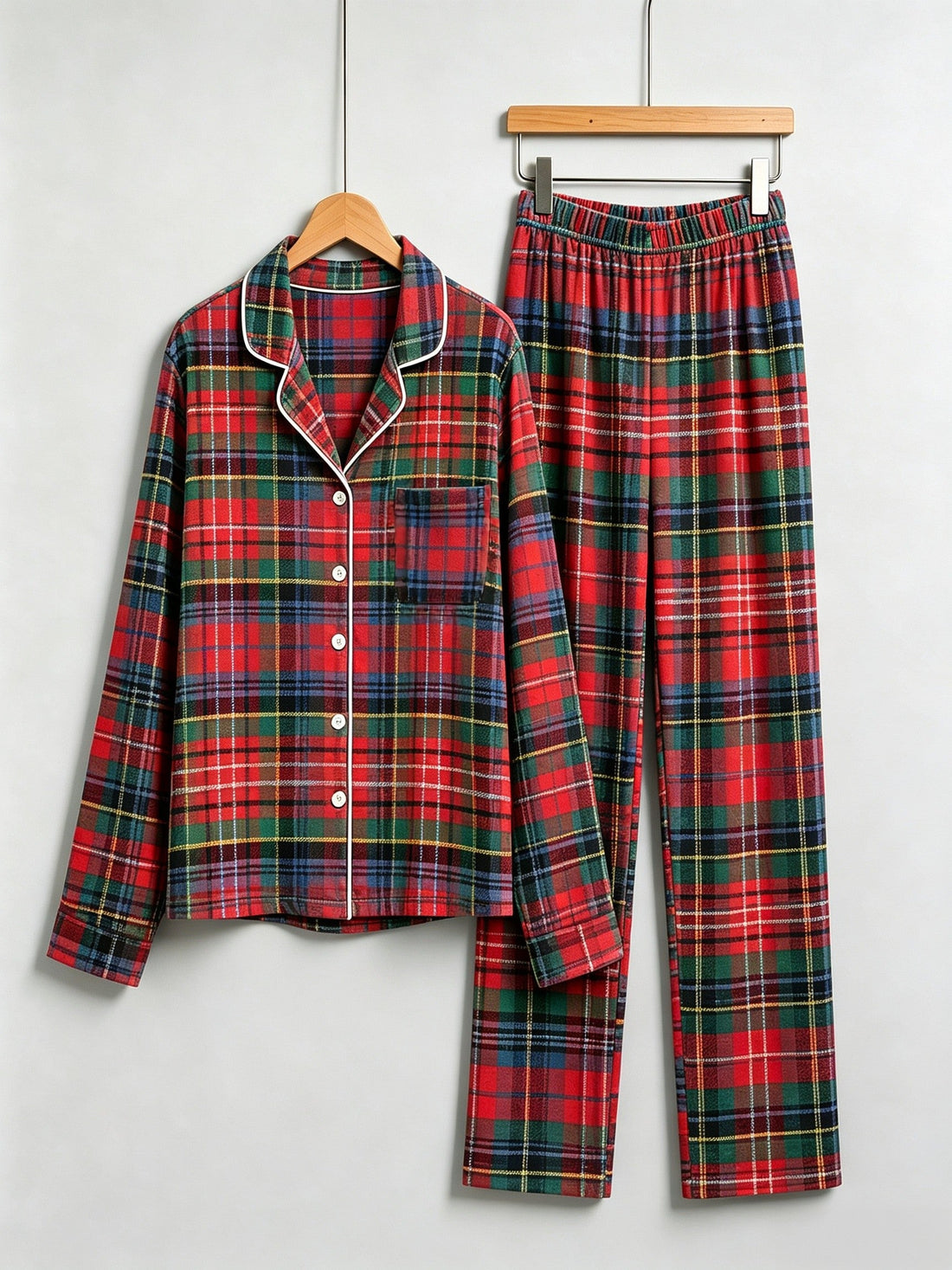 Matching Couple Christmas Pajamas - Traditional Red & Green Tartan Plaid Button-Down Set