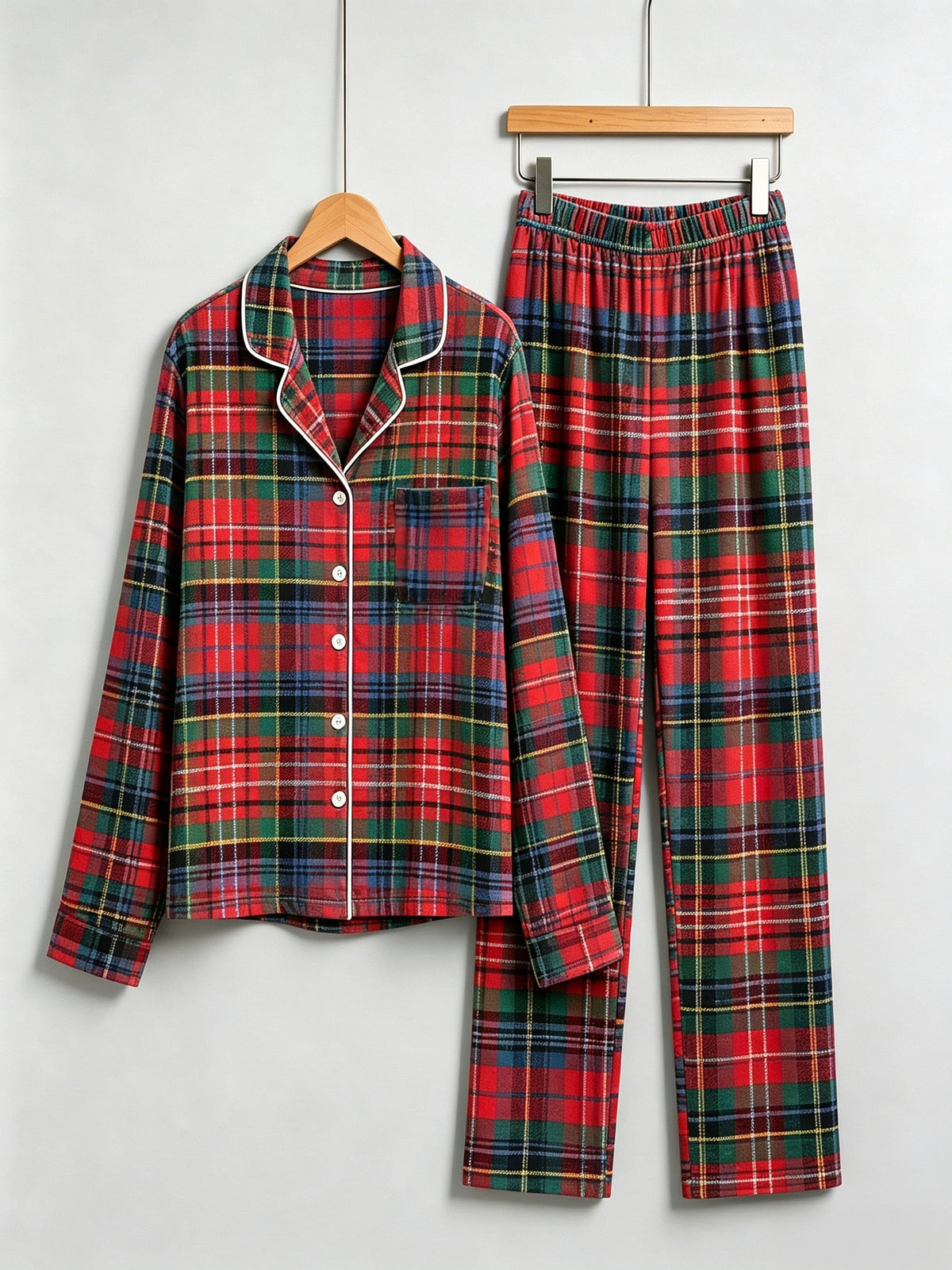 Matching Couple Christmas Pajamas - Traditional Red & Green Tartan Plaid Button-Down Set